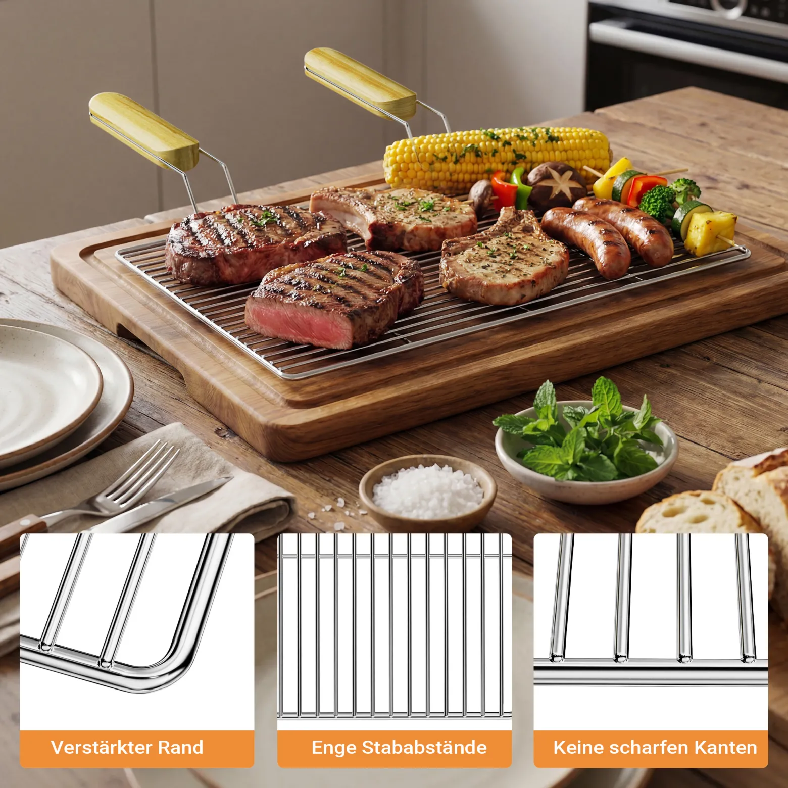 BBQ Grillrost Eckig 54x34cm aus Hochwertigem Edelstahl mit Handgriffen für Gasgrill, Kugelgrill usw.