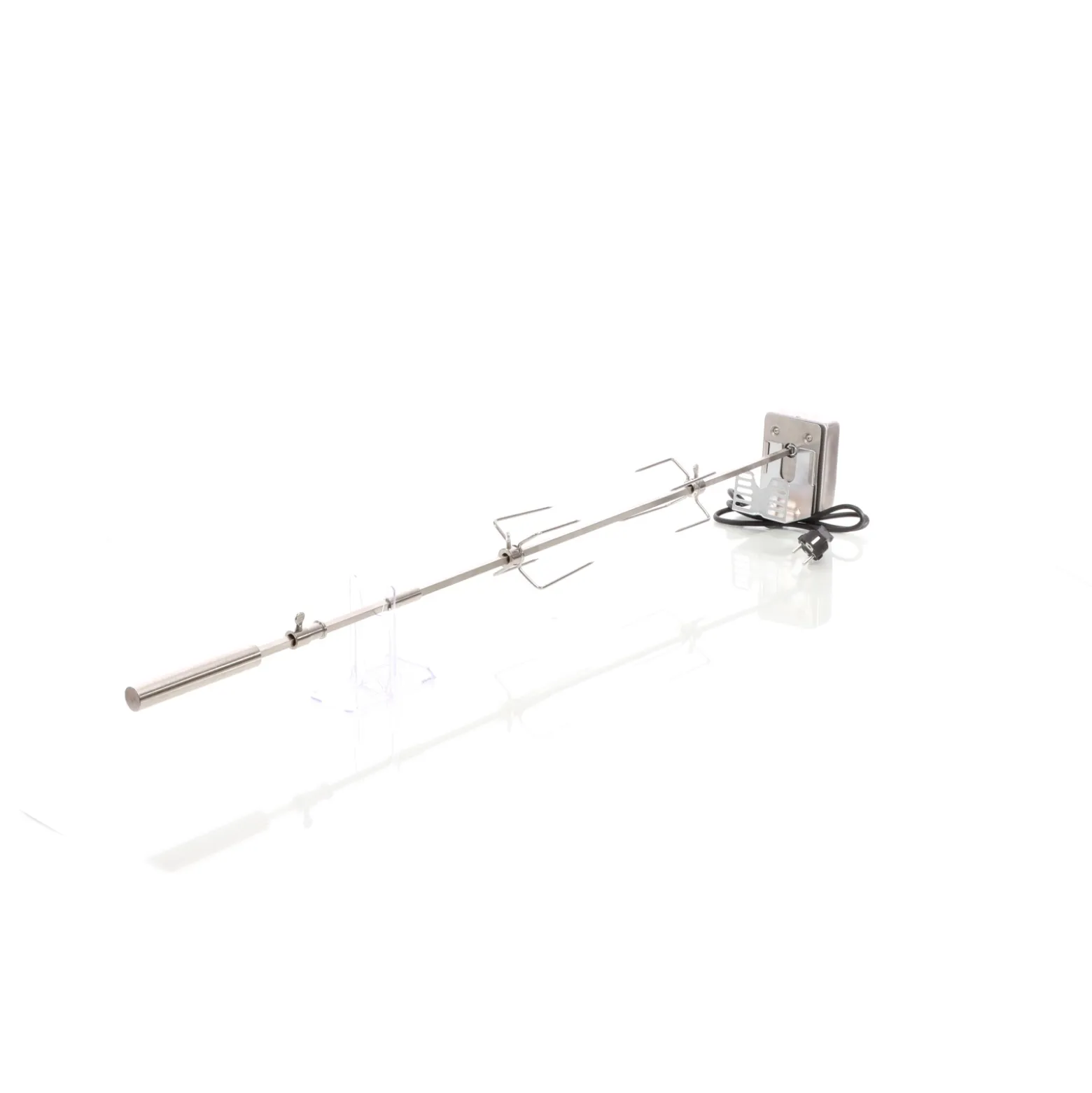 BBQ Grillspieß 97cm 230V aus Edelstahl, inkl. 2 Fleischklammern, Drehspieß Rôtisserie