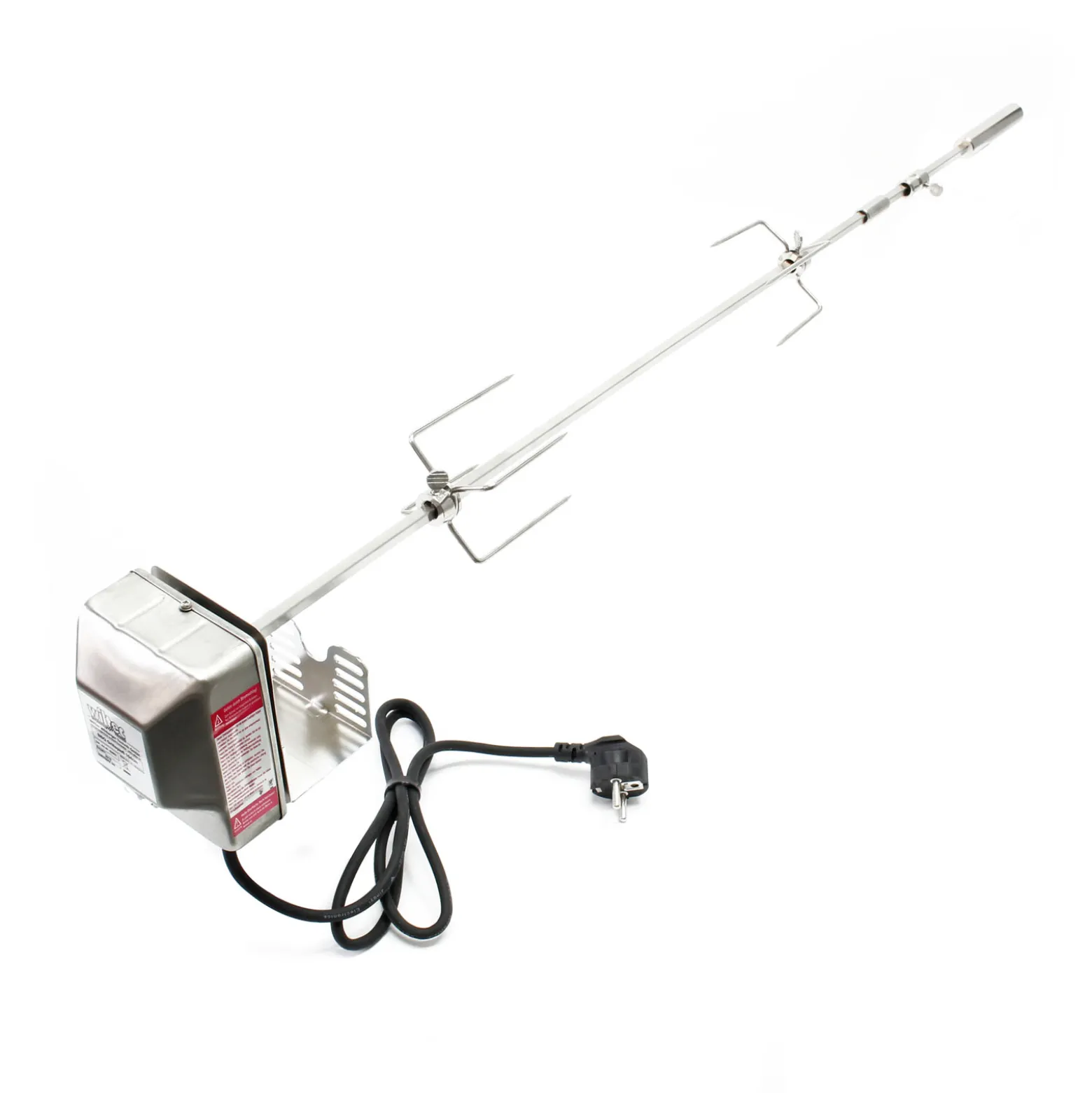 BBQ Grillspieß 97cm 230V aus Edelstahl, inkl. 2 Fleischklammern, Drehspieß Rôtisserie