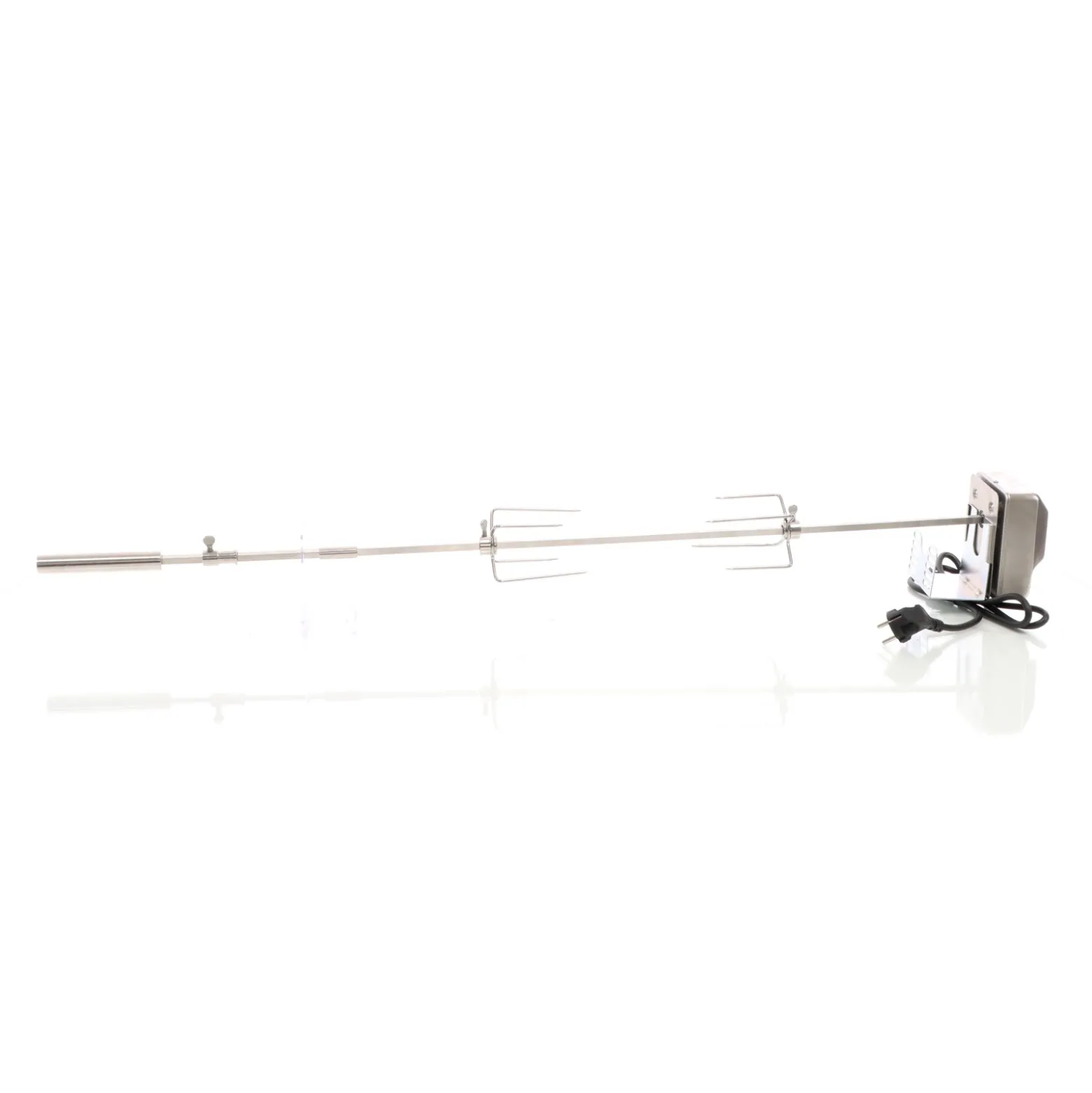BBQ Grillspieß 97cm 230V aus Edelstahl, inkl. 2 Fleischklammern, Drehspieß Rôtisserie