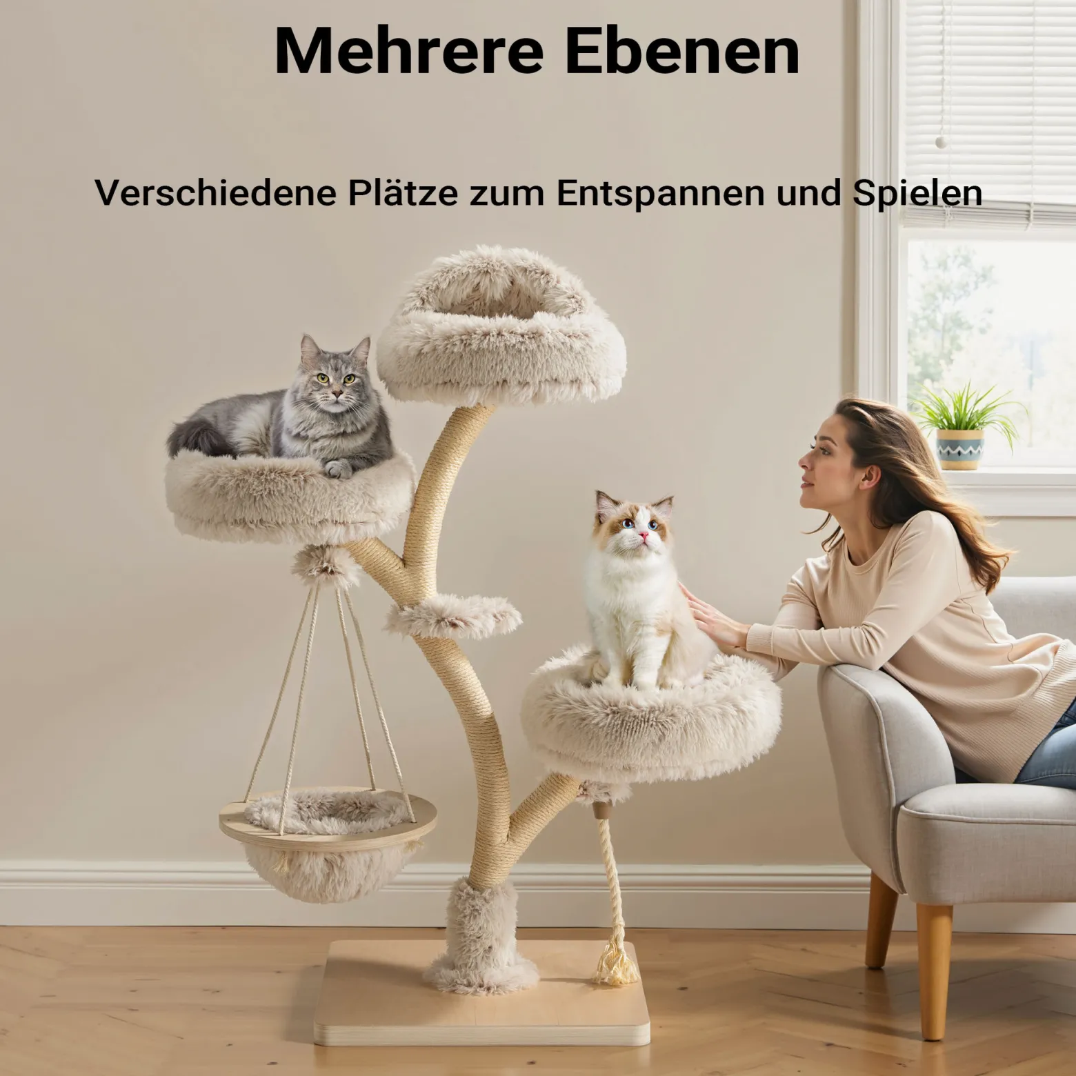 Fudajo Designer Kratzbaum in Zweigdesign 130 cm hoch, Katzenkratzbaum mit Plüsch und Sisal, Kletterbaum für Katzen, Katzenbaum mit Hängeliege