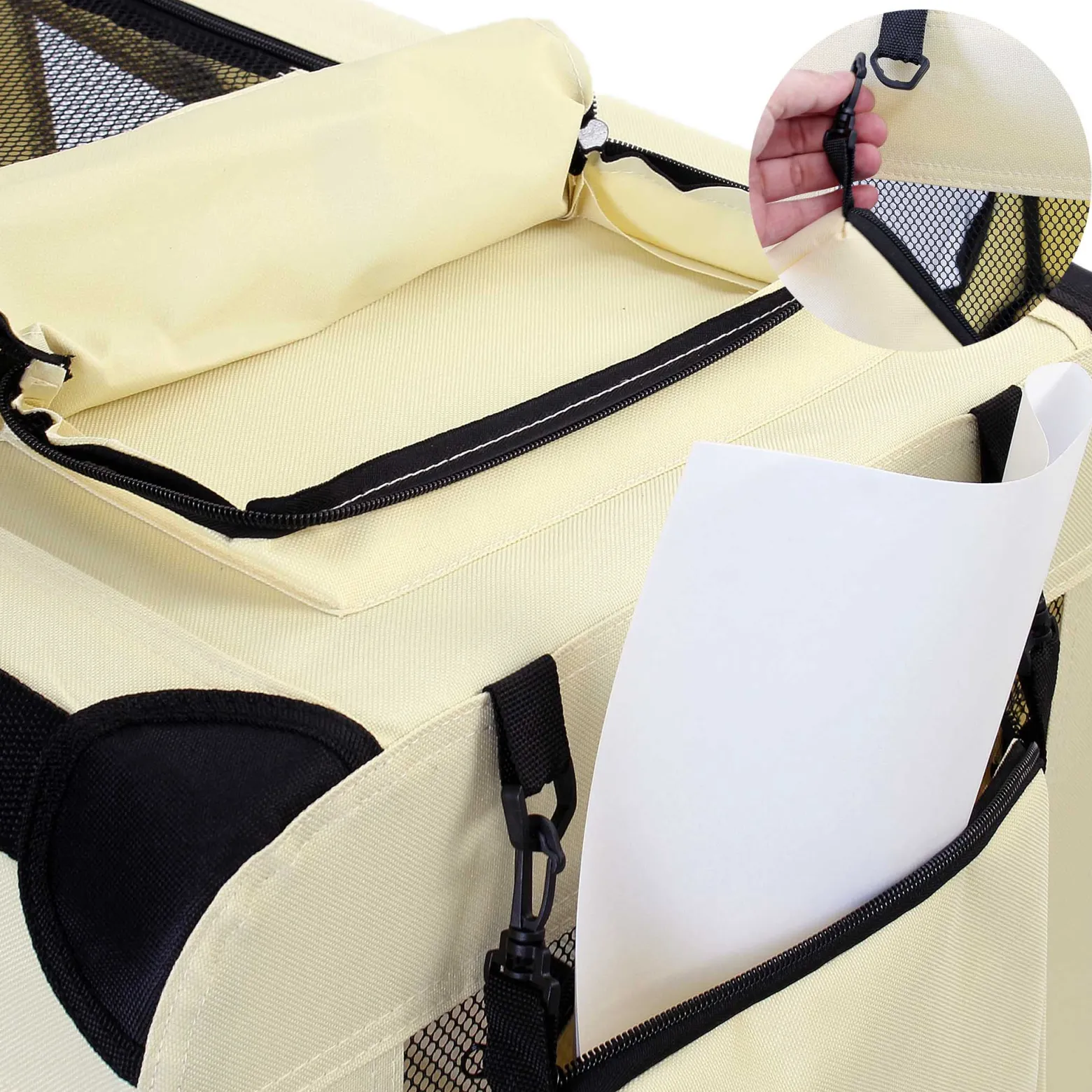 Fudajo Faltbare Transportbox für Hunde, Katzen XL (82x56x58cm), robust, leicht, sicher, Hundebox mit Tragegriff und Decke, Beige