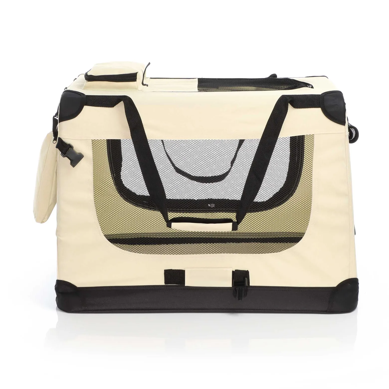 Fudajo Faltbare Transportbox für Hunde, Katzen XL (82x56x58cm), robust, leicht, sicher, Hundebox mit Tragegriff und Decke, Beige