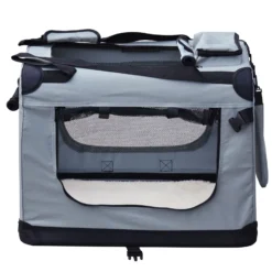 Fudajo Faltbare Transportbox für Hunde, Katzen XL (82x56x58cm), robust, leicht, sicher, Hundebox mit Tragegriff und Decke, Grau