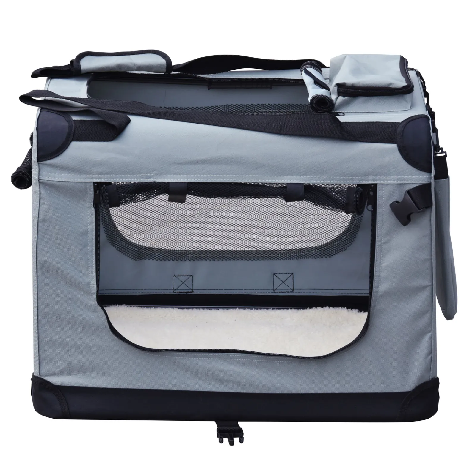 Fudajo Faltbare Transportbox für Hunde, Katzen XL (82x56x58cm), robust, leicht, sicher, Hundebox mit Tragegriff und Decke, Grau