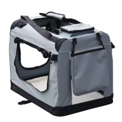 Fudajo Faltbare Transportbox für Hunde, Katzen XL (82x56x58cm), robust, leicht, sicher, Hundebox mit Tragegriff und Decke, Grau