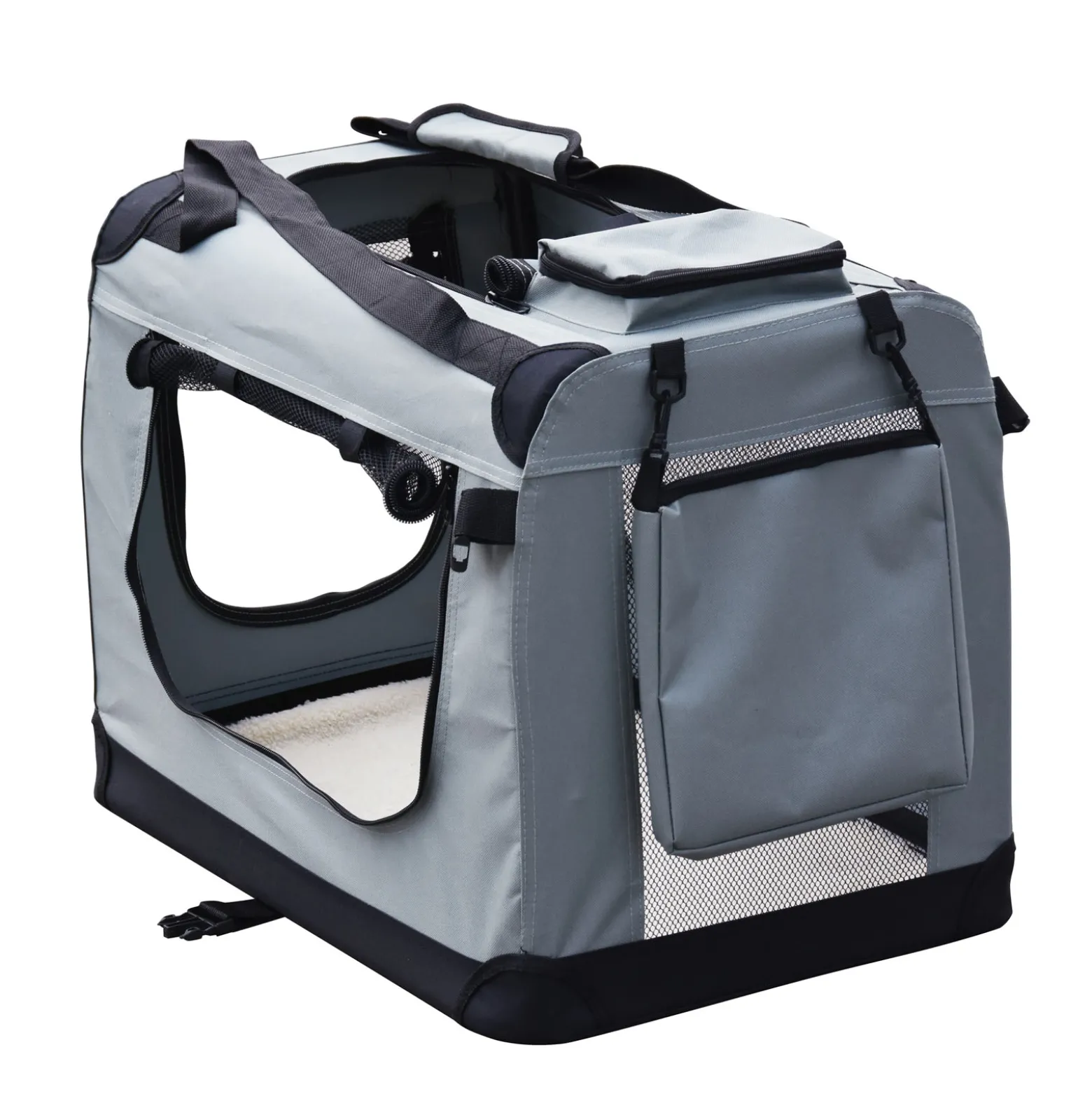 Fudajo Faltbare Transportbox für Hunde, Katzen XL (82x56x58cm), robust, leicht, sicher, Hundebox mit Tragegriff und Decke, Grau