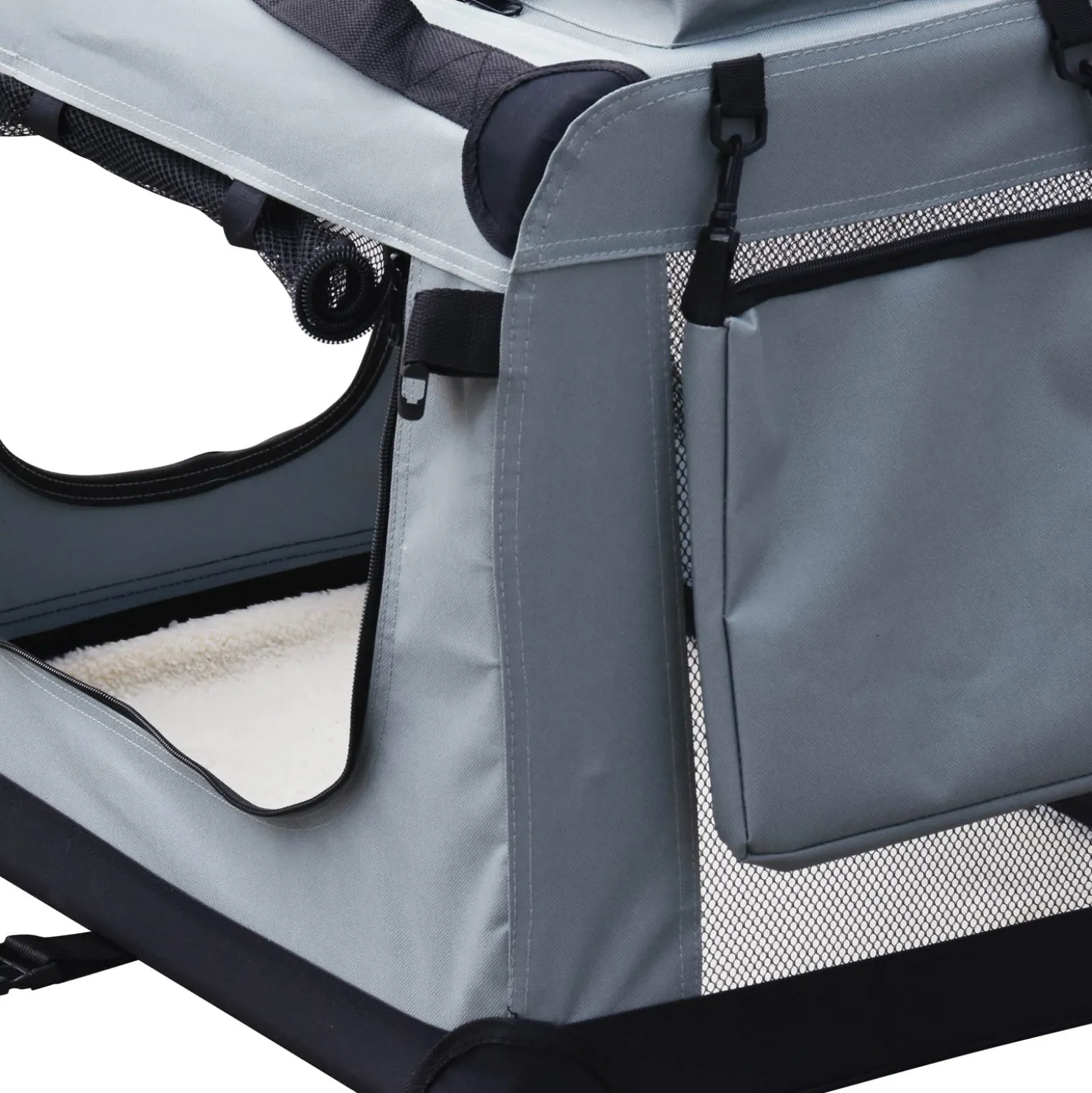 Fudajo Faltbare Transportbox für Hunde, Katzen XL (82x56x58cm), robust, leicht, sicher, Hundebox mit Tragegriff und Decke, Grau