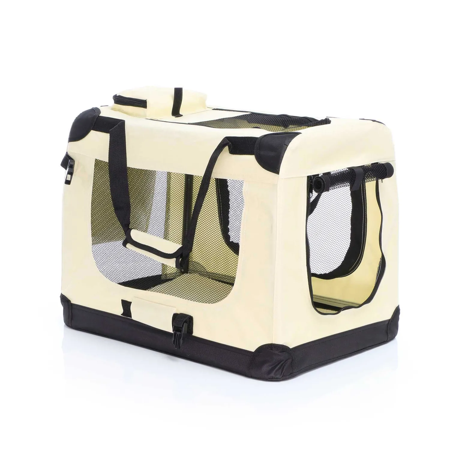 Fudajo Faltbare Transportbox für Hunde, Katzen M (60x42x44cm), robust, leicht, sicher, Hundebox mit Tragegriff und Decke, Beige
