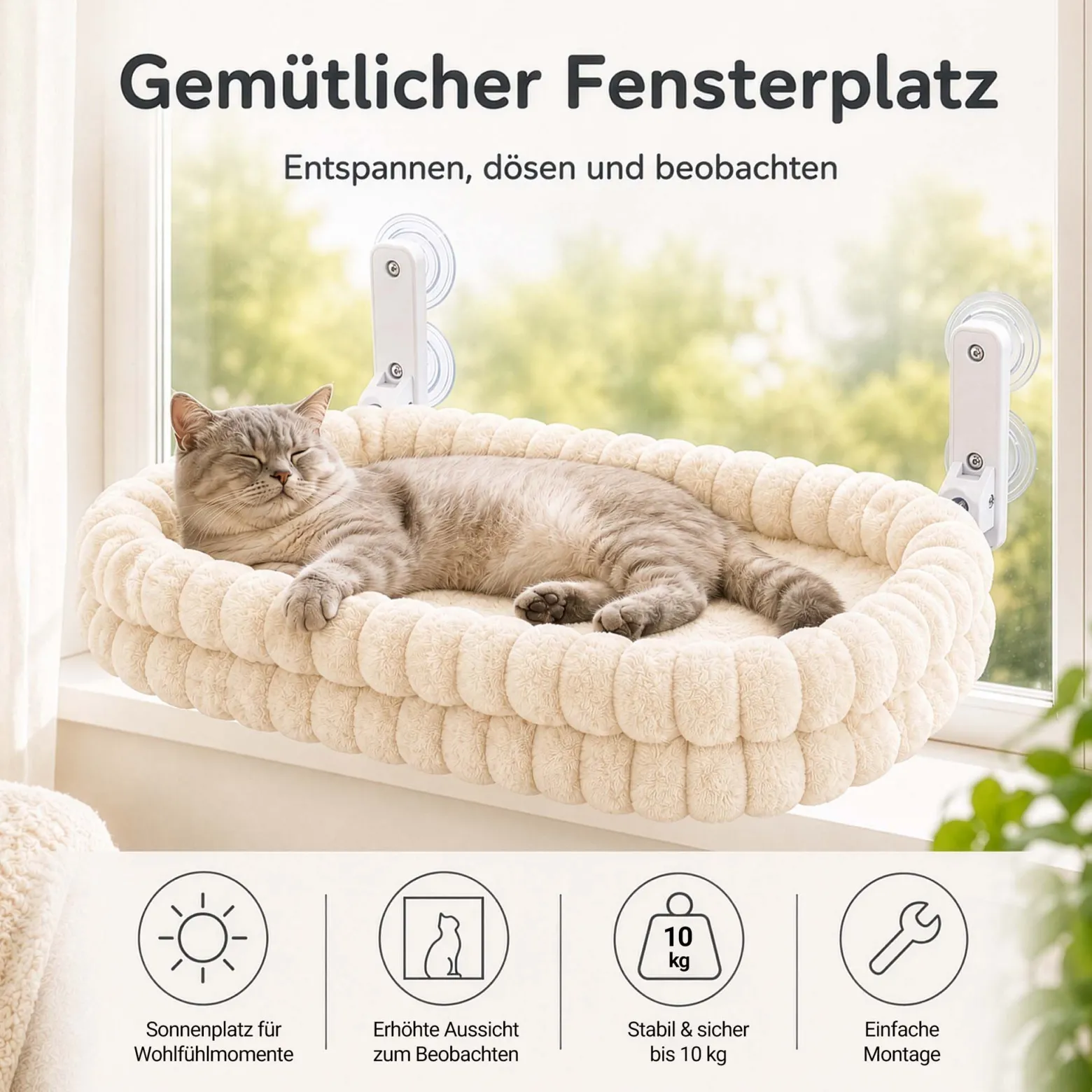 Fudajo Fenster Katzenhängematte 30 x 60 cm beige, Katzenbett Hängematte bis 10 kg, Fensterliege für Katzen platzsparender Schlafplatz mit Saugnäpfen