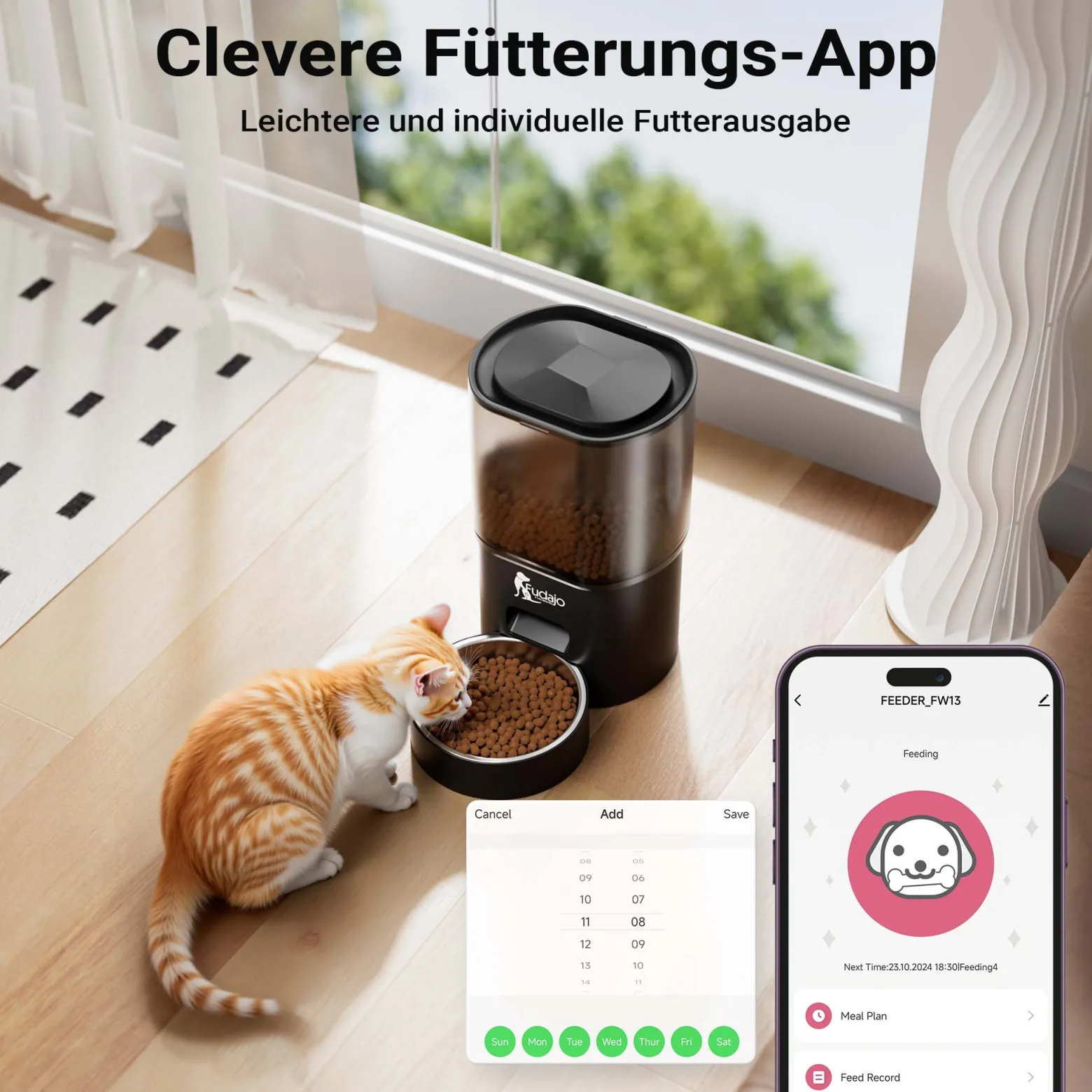 Fudajo Futter- und Trinkautomat für Katzen & Hunde in Schwarz, 3 L Futterspender und 2,5 L Trinkbrunnen, Fütterung mit App-Steuerung für Trockenfutter
