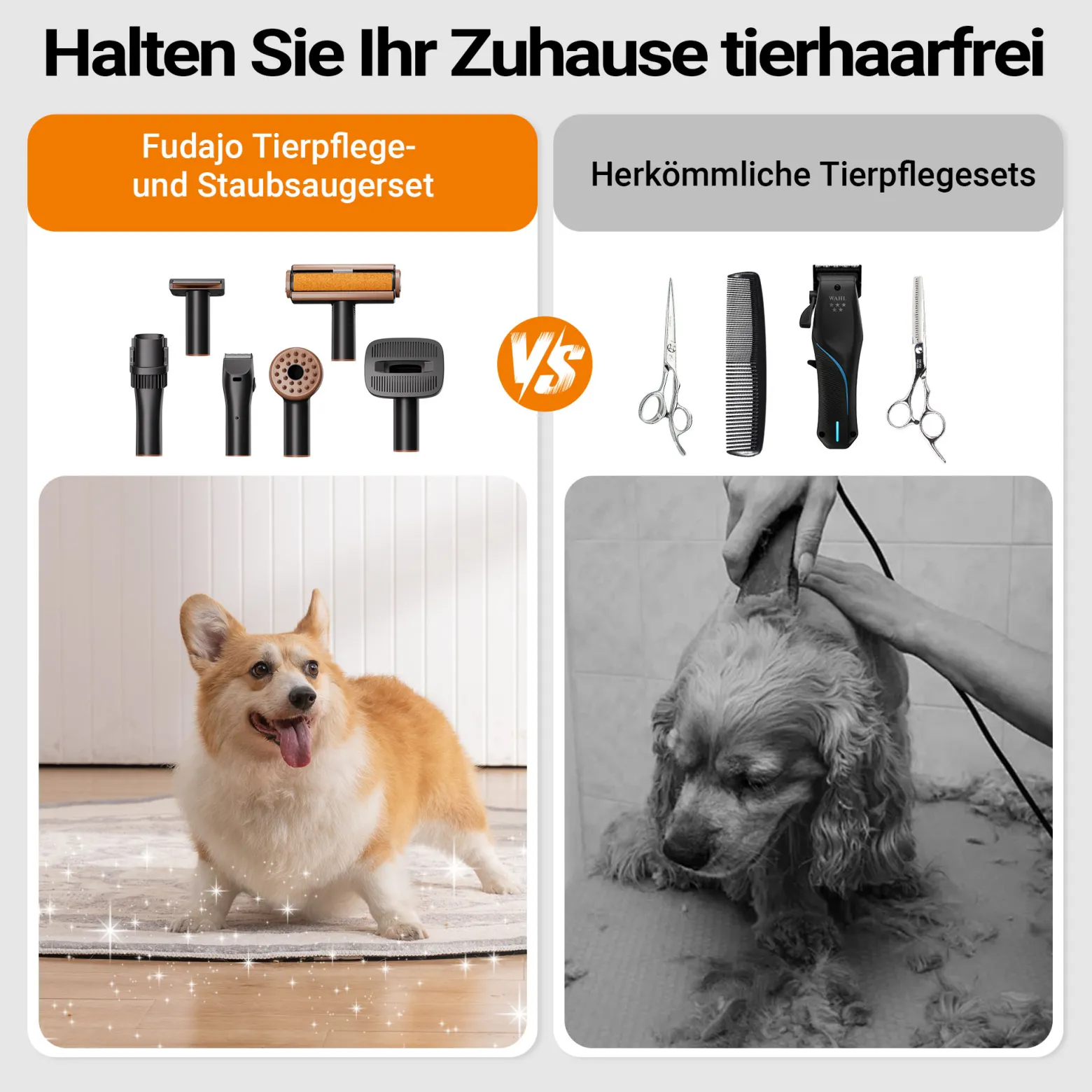 Fudajo Haustier Pflegeset weiß, 6 in 1 Multifunktion Schermaschine, Tierhaarschneidemaschine mit Staubsauger, Pflege Paket für glänzendes Fell