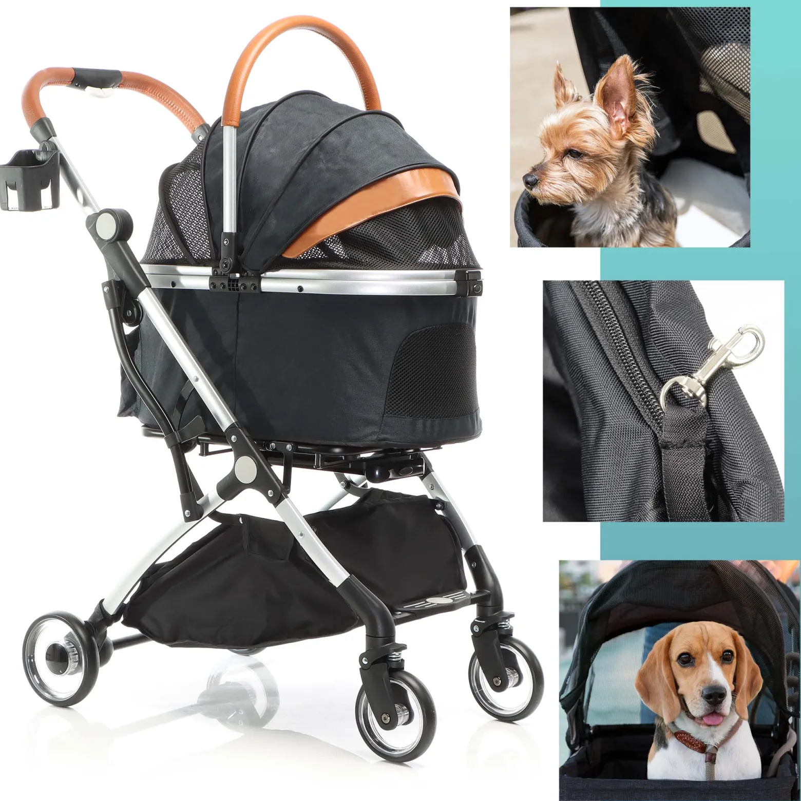 Fudajo 2in1 Hundebuggy zusammenklappbar in schwarz, Hundewagen aus Aluminium mit abnehmbarer Hundetragetasche, für kleine bis mittlere Hunde und Katzen