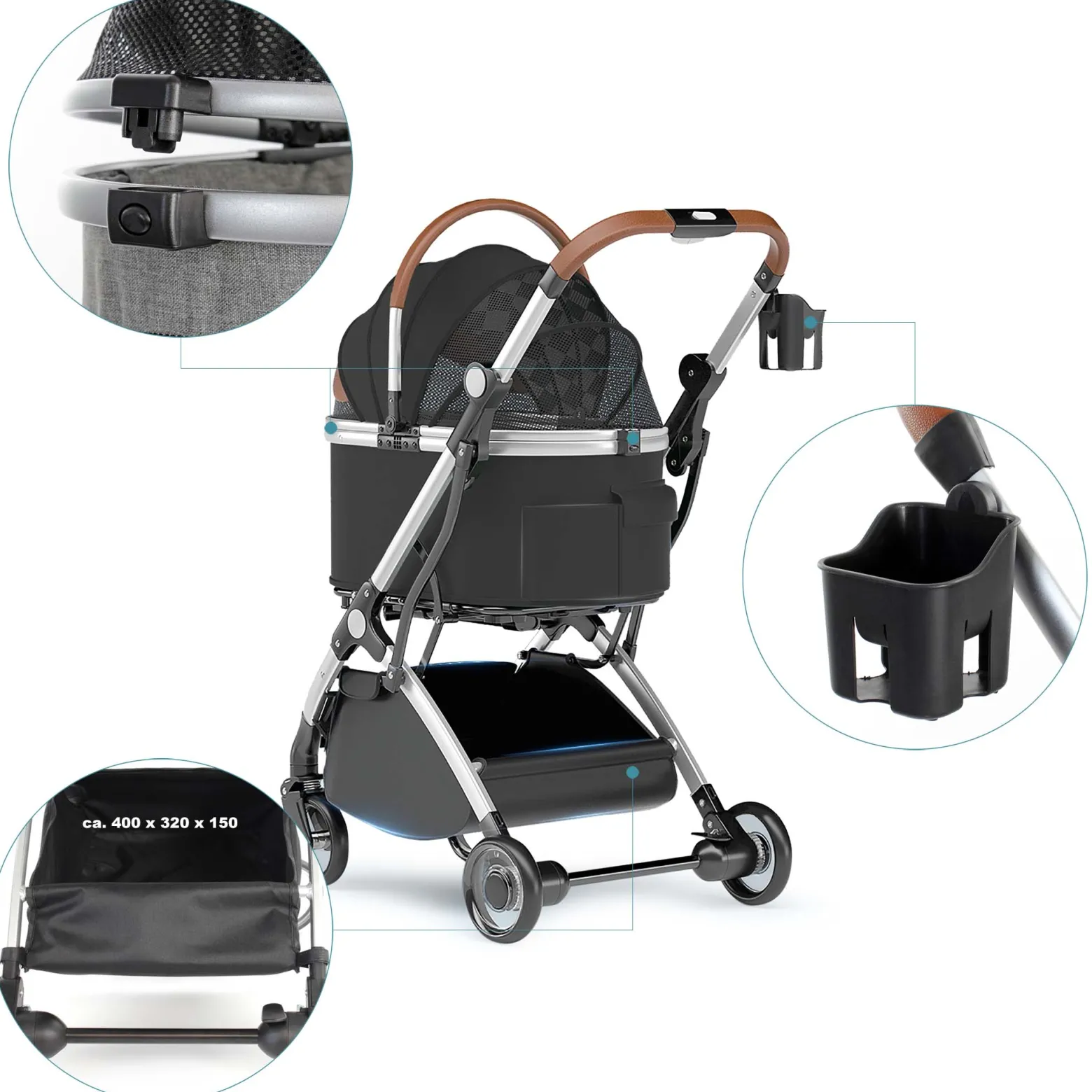 Fudajo 2in1 Hundebuggy zusammenklappbar in schwarz, Hundewagen aus Aluminium mit abnehmbarer Hundetragetasche, für kleine bis mittlere Hunde und Katzen