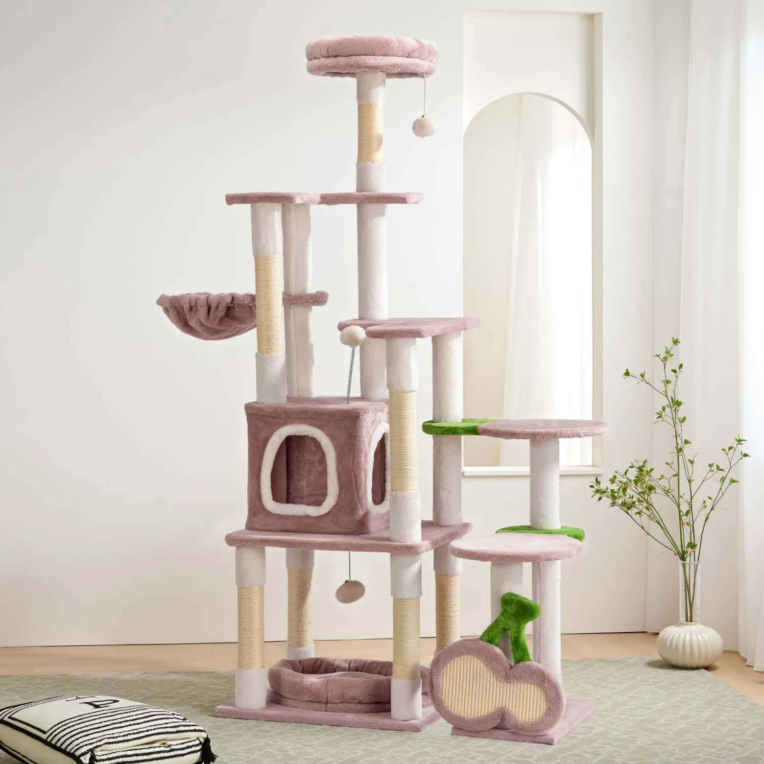 Fudajo Kratzbaum "Kirschen" in Rosa 162 cm hoch, Katzenkratzbaum mit Kratzbrett in Kirsch-Form, Katzenbaum mit Katzenhaus, Liegemulde und Spielbällen