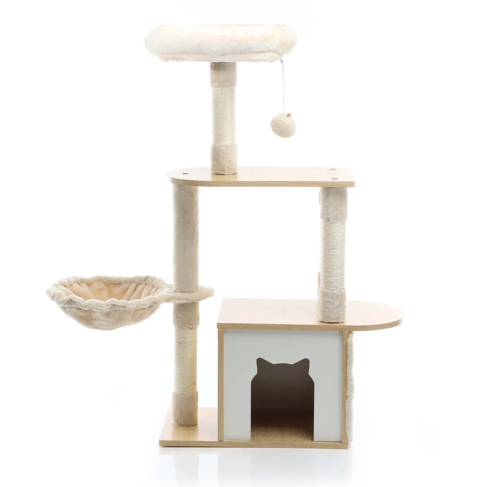Fudajo Kratzbaum mit Holz in Beige 106 cm hoch, Katzenkratzbaum mit Katzenhaus und Liegemulde, Katzenbaum mit Sisal, Katzenmöbel mit Plüsch