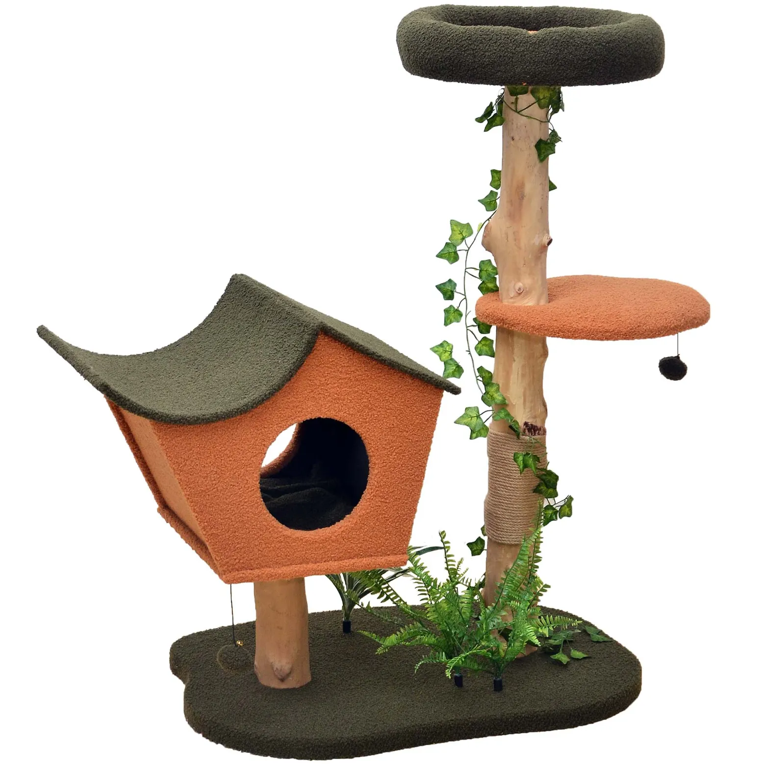 Fudajo Kratzbaum mit Pflanzendeko 114 cm, Katzenkratzbaum mit Teddyfell und Birnbaumholz, Katzenhaus mit Spielbällen, Katzenmöbel mit Plattformen