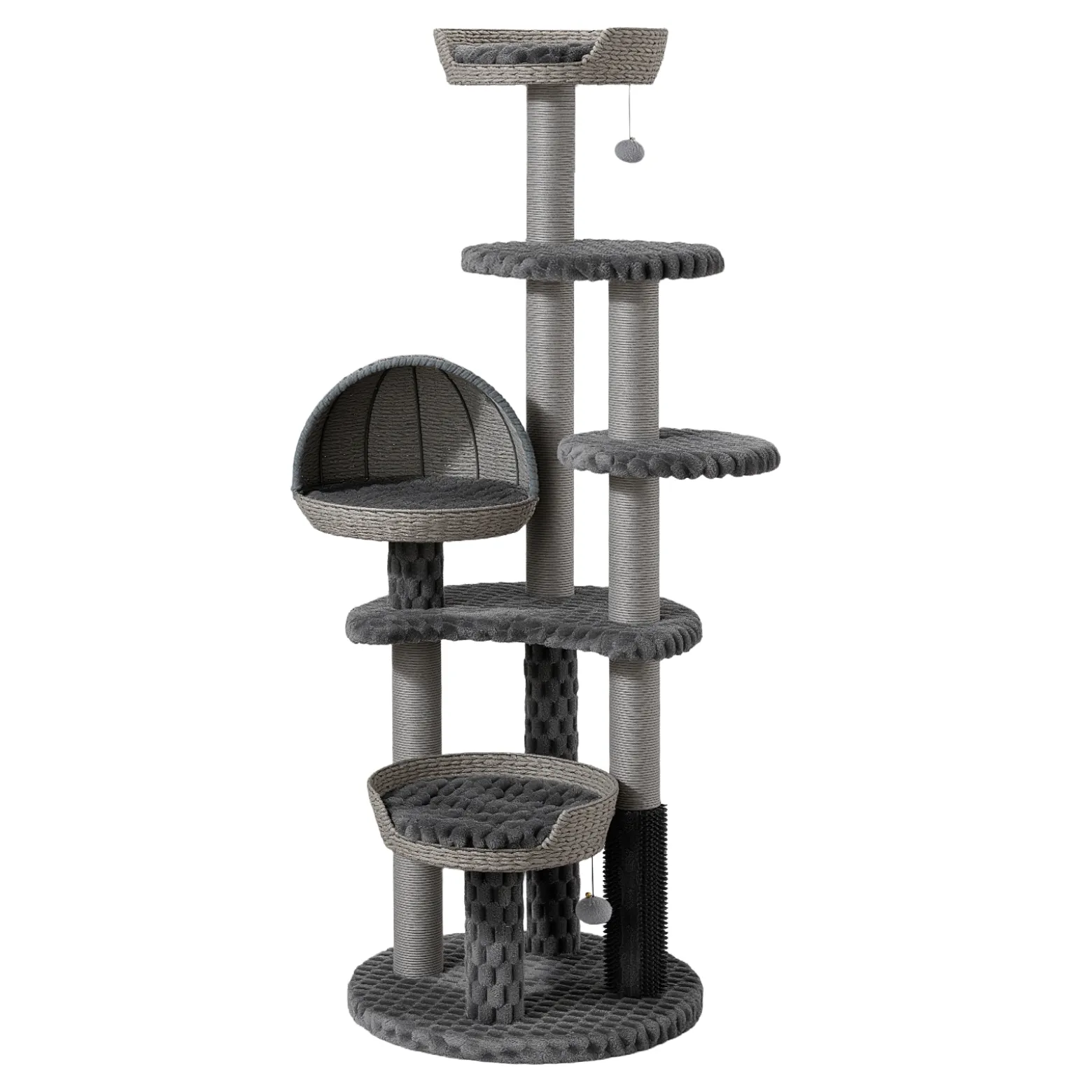 Fudajo Urban Loft 160 cm Kratzbaum grau, Katzenkratzbaum mit Ø 58 cm Bodenplatte, Katzenbaum mit Massageelement, 3 Liegeflächen, 3 Plattformen und Papierseil-Kratzstämmen