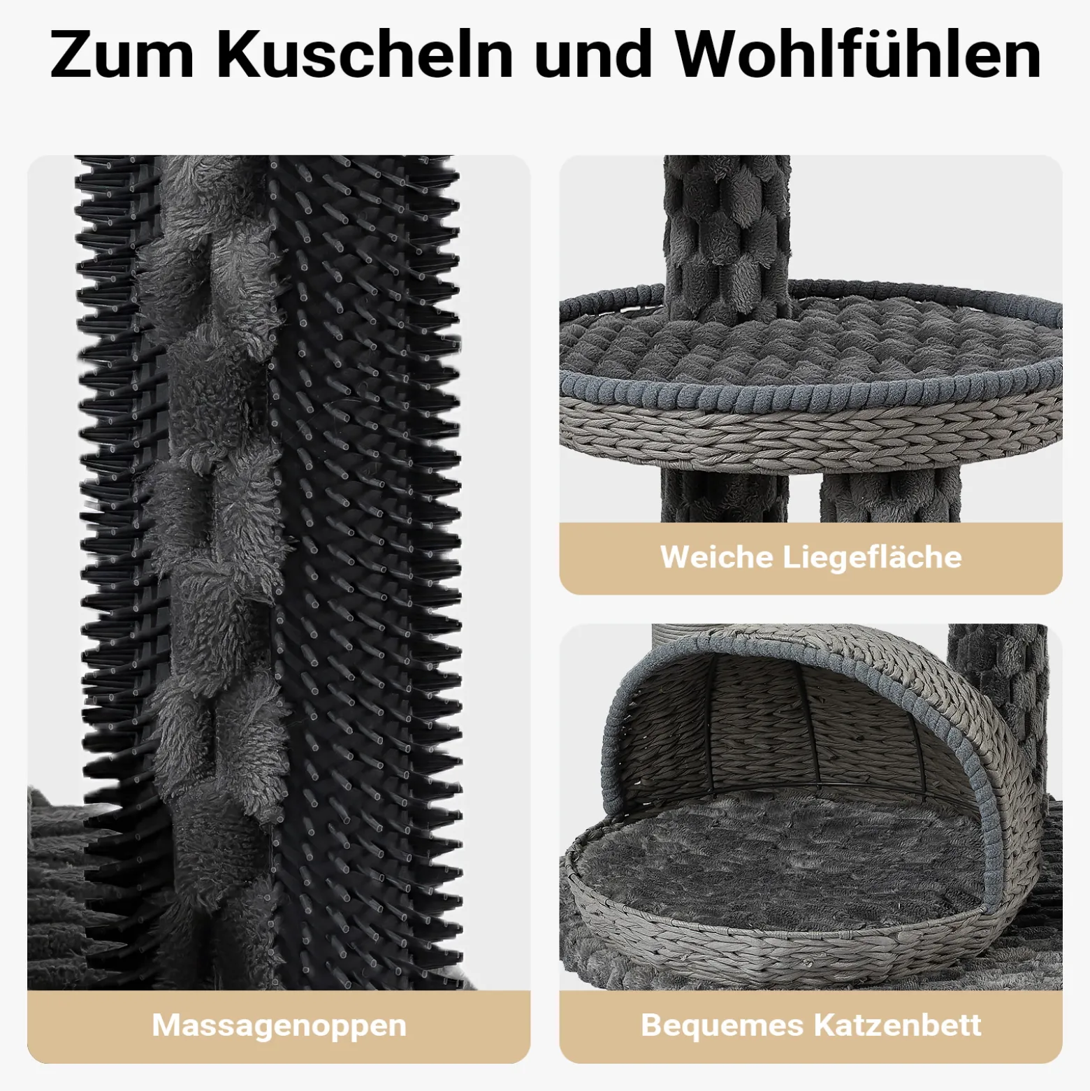 Fudajo Urban Loft 115 cm Kratzbaum grau, Katzenkratzbaum mit Ø 58 cm Bodenplatte, Katzenbaum mit Massageelement, 3 Liegeflächen und Papierseil-Kratzstämmen