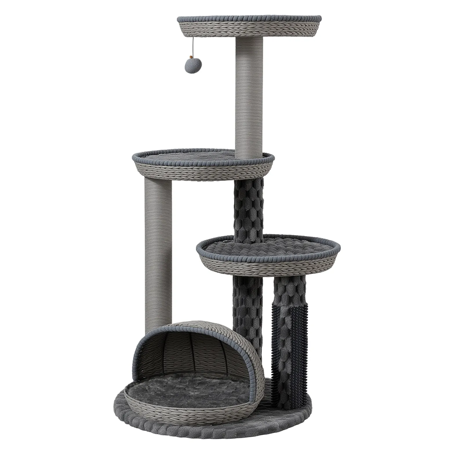 Fudajo Urban Loft 115 cm Kratzbaum grau, Katzenkratzbaum mit Ø 58 cm Bodenplatte, Katzenbaum mit Massageelement, 3 Liegeflächen und Papierseil-Kratzstämmen