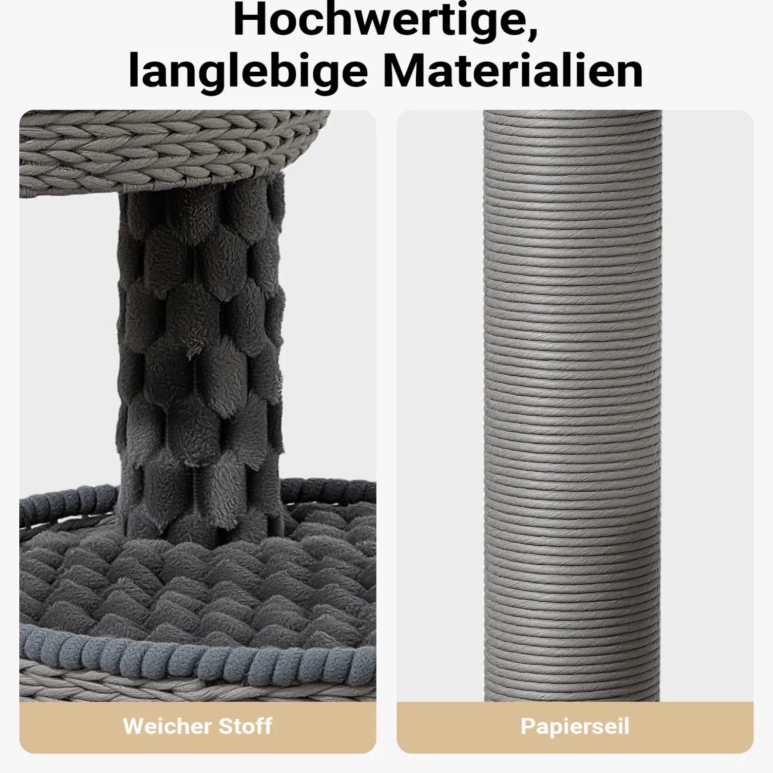 Fudajo Urban Loft 115 cm Kratzbaum grau, Katzenkratzbaum mit Ø 58 cm Bodenplatte, Katzenbaum mit Massageelement, 3 Liegeflächen und Papierseil-Kratzstämmen