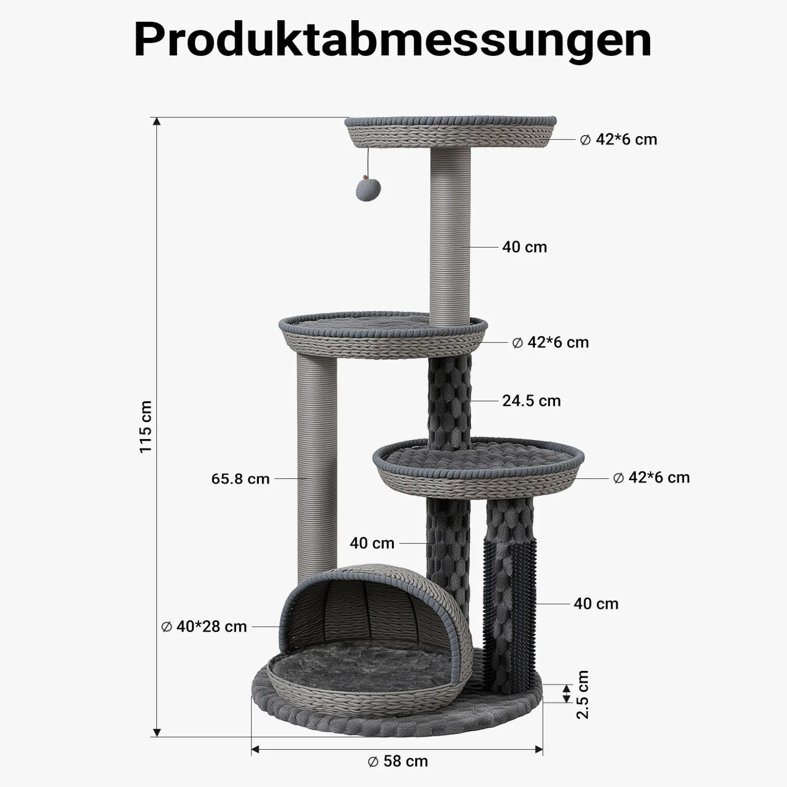 Fudajo Urban Loft 115 cm Kratzbaum grau, Katzenkratzbaum mit Ø 58 cm Bodenplatte, Katzenbaum mit Massageelement, 3 Liegeflächen und Papierseil-Kratzstämmen