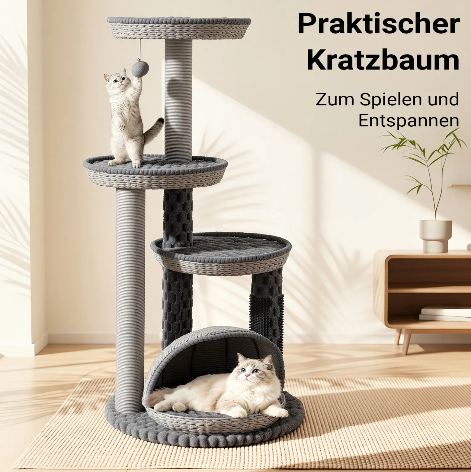 Fudajo Urban Loft 115 cm Kratzbaum grau, Katzenkratzbaum mit Ø 58 cm Bodenplatte, Katzenbaum mit Massageelement, 3 Liegeflächen und Papierseil-Kratzstämmen