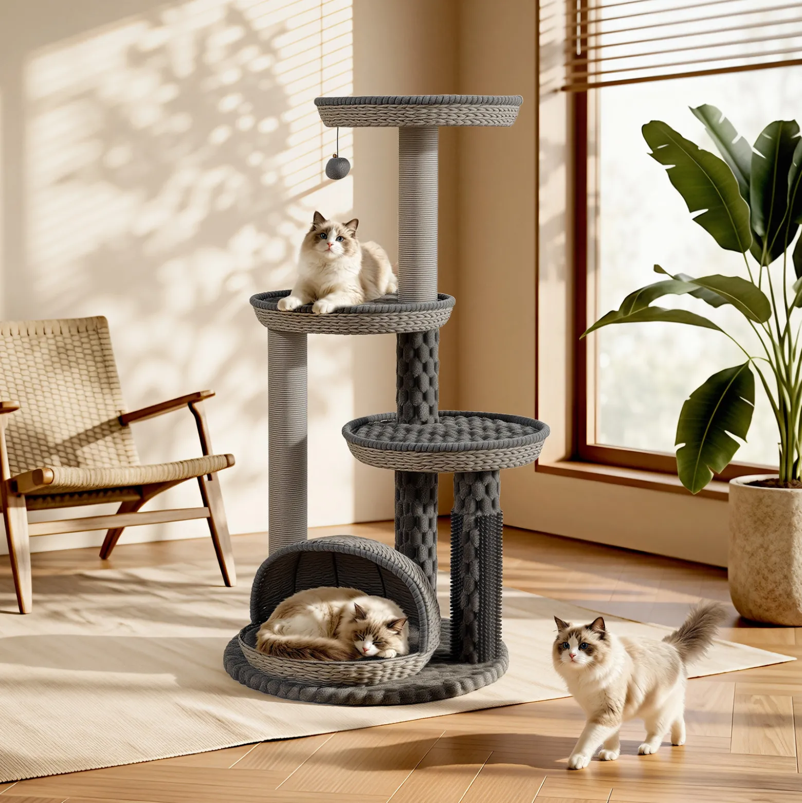 Fudajo Urban Loft 115 cm Kratzbaum grau, Katzenkratzbaum mit Ø 58 cm Bodenplatte, Katzenbaum mit Massageelement, 3 Liegeflächen und Papierseil-Kratzstämmen