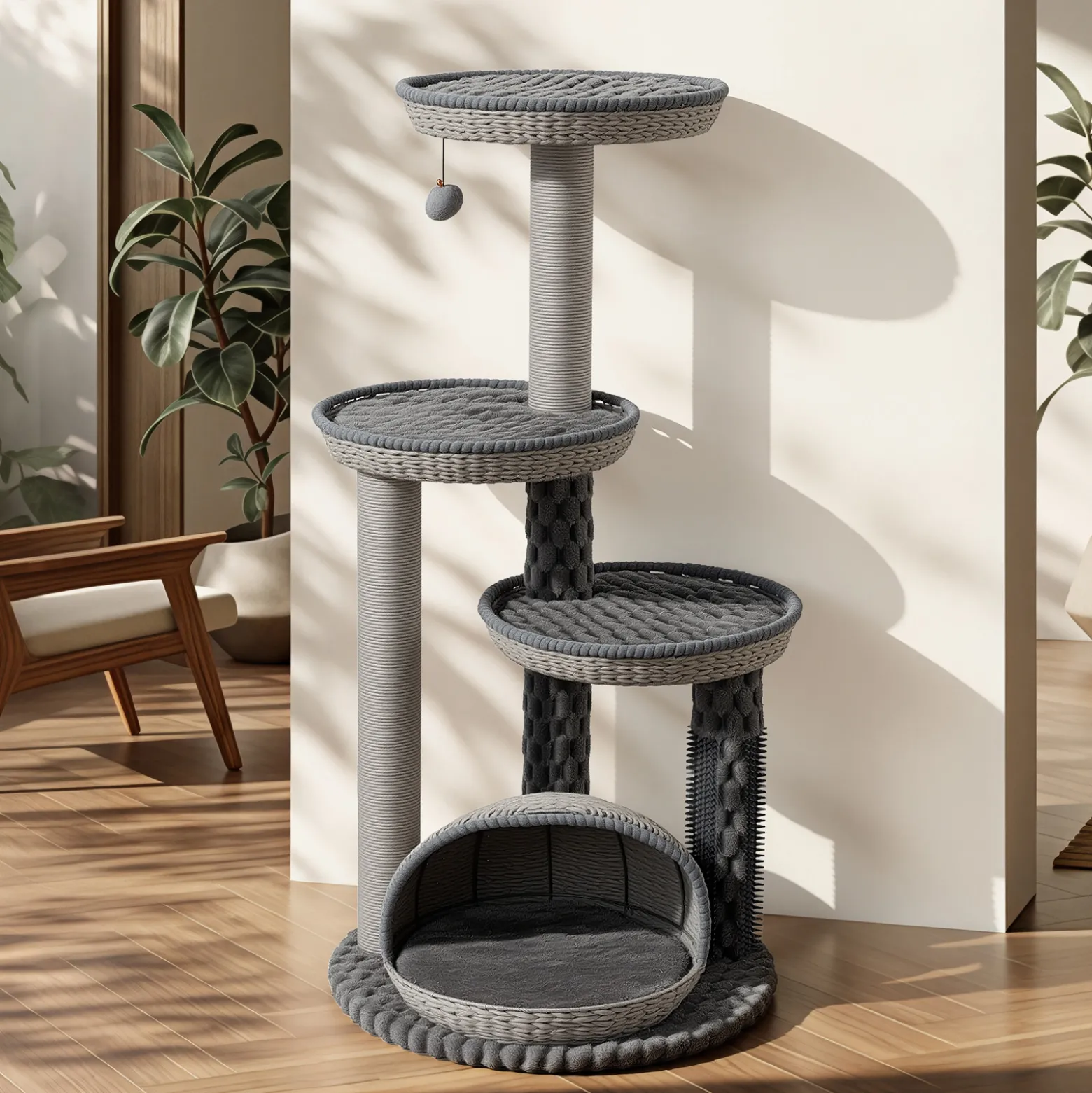 Fudajo Urban Loft 115 cm Kratzbaum grau, Katzenkratzbaum mit Ø 58 cm Bodenplatte, Katzenbaum mit Massageelement, 3 Liegeflächen und Papierseil-Kratzstämmen