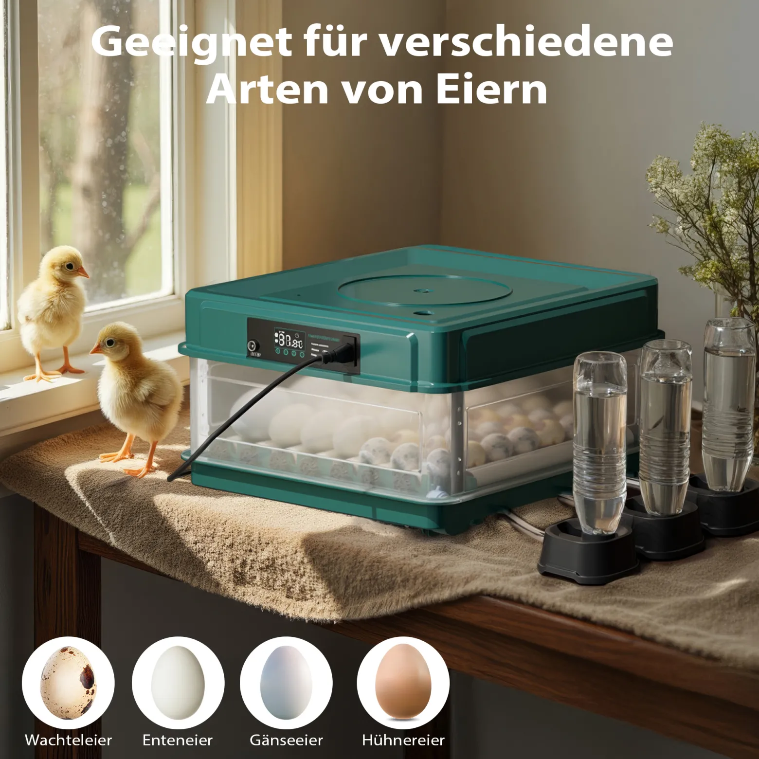 Fudajo Vollautomatischer Flächenbrüter für 48 Eier, Inkubator 80 W mit Wendesystem, Brutautomat mit Temperatursteuerung und Feuchtigskeitsregulierung, Brutkasten zum Eier ausbrüten