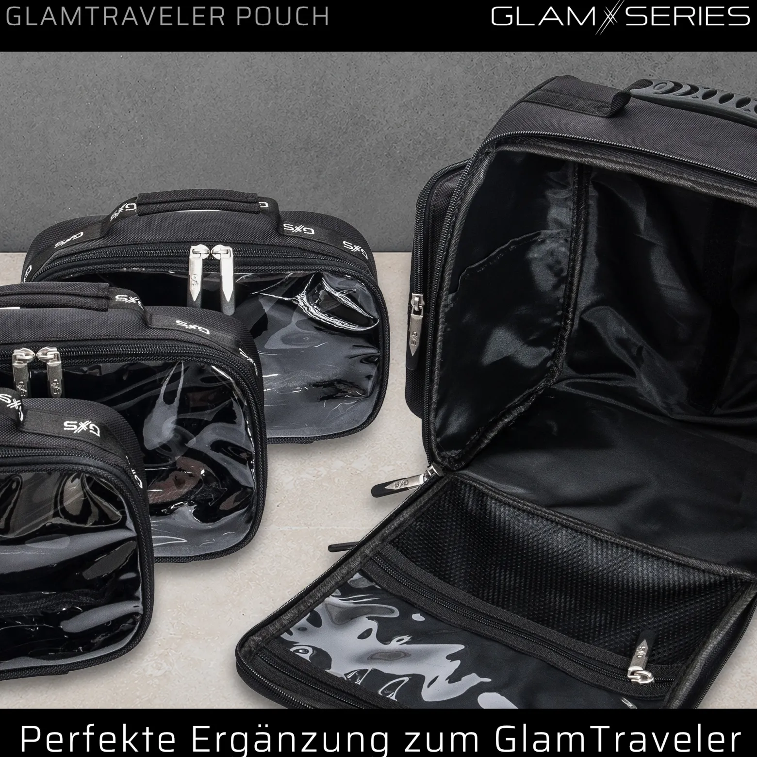 GlamSeries GlamTraveler Pouch Taschen Inlay 270 x 165 x 75 mm, PVC-beschichtete Make Up Tasche mit transparentem Deckel