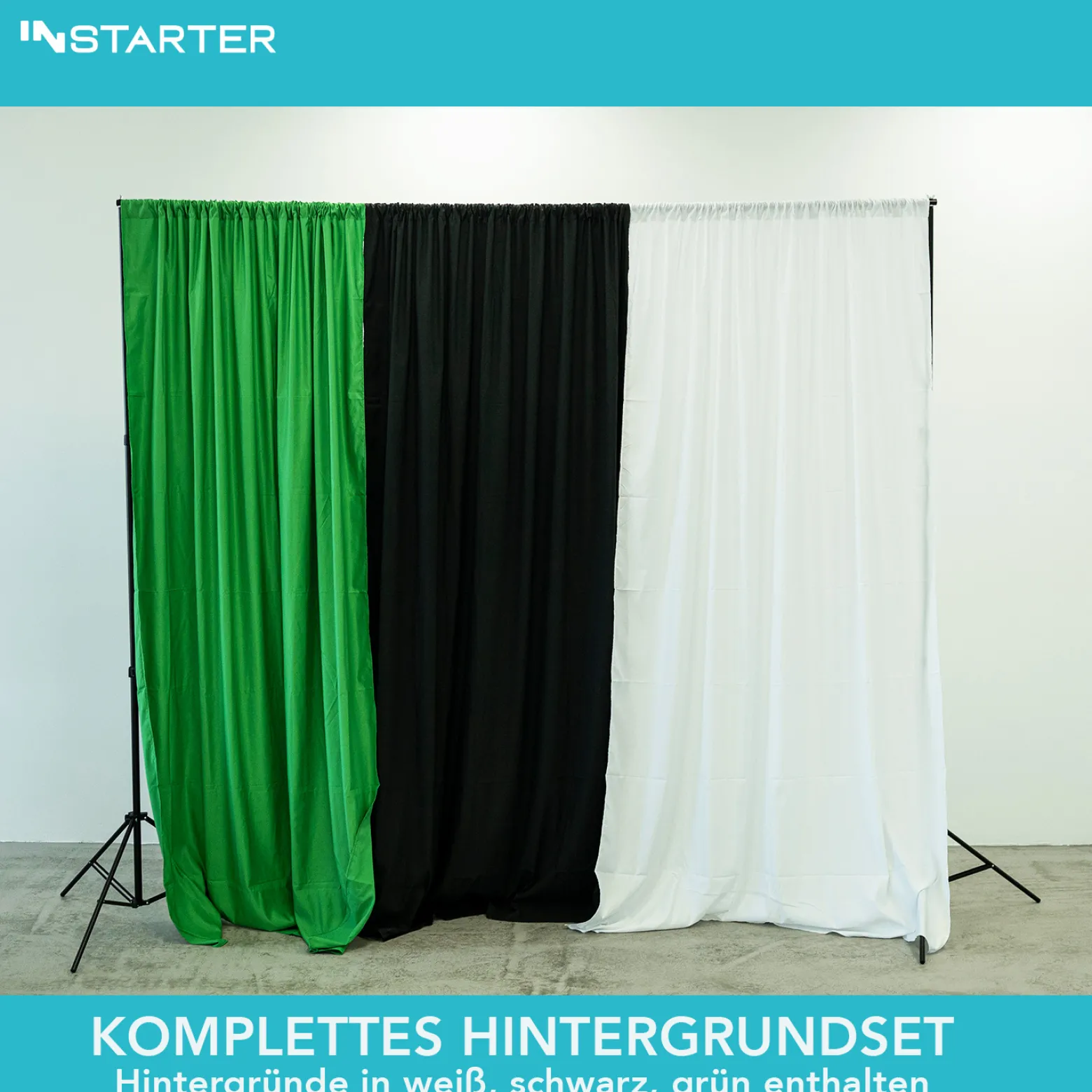 Instarter Hintergrundsystem 155-305 cm breit, Fotohintergrund in Grün, Schwarz und Weiß, Klemmen für Fotografie & Green Screen, Hintergrundständer für Hintergründe aus Papier & Stoff