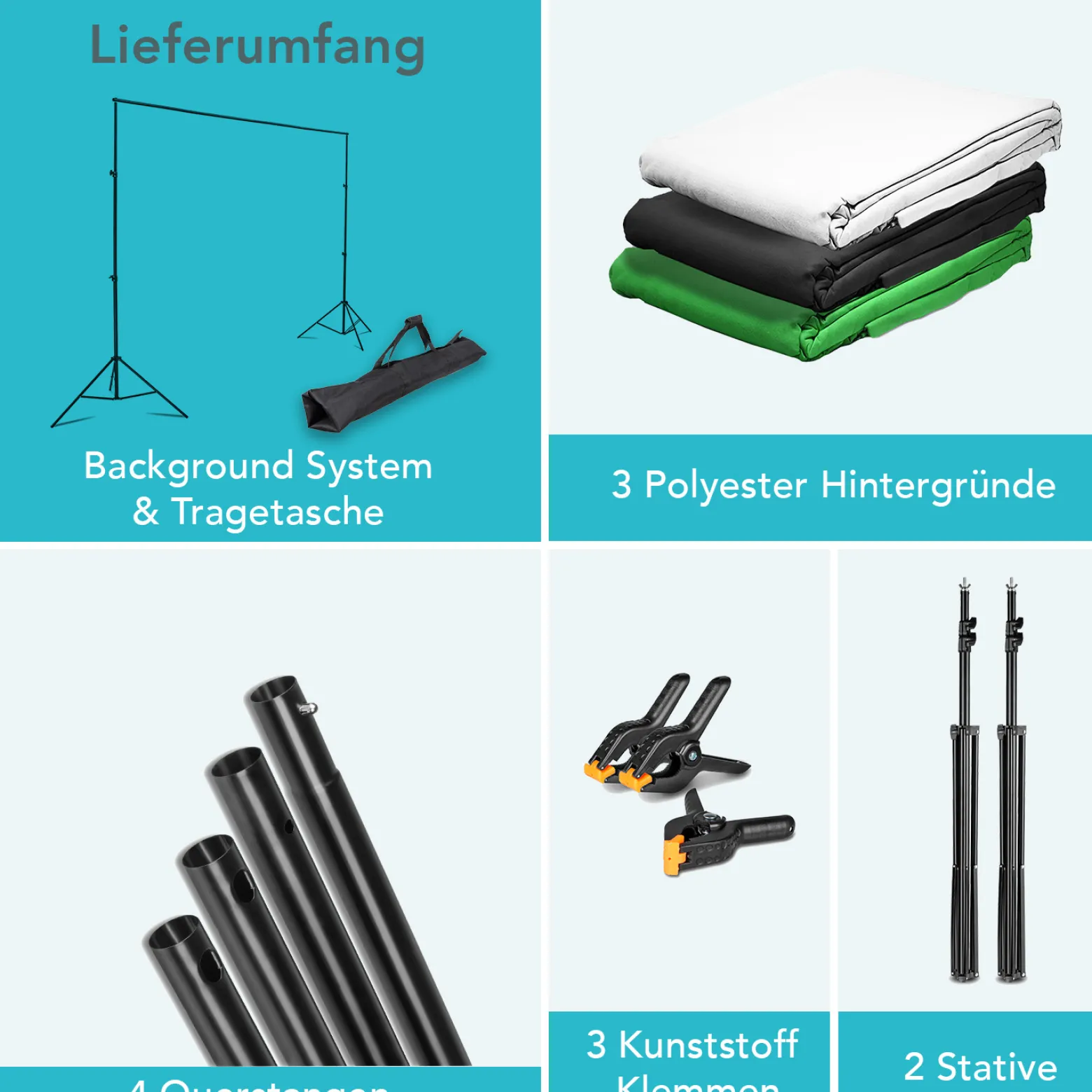 Instarter Hintergrundsystem 155-305 cm breit, Fotohintergrund in Grün, Schwarz und Weiß, Klemmen für Fotografie & Green Screen, Hintergrundständer für Hintergründe aus Papier & Stoff