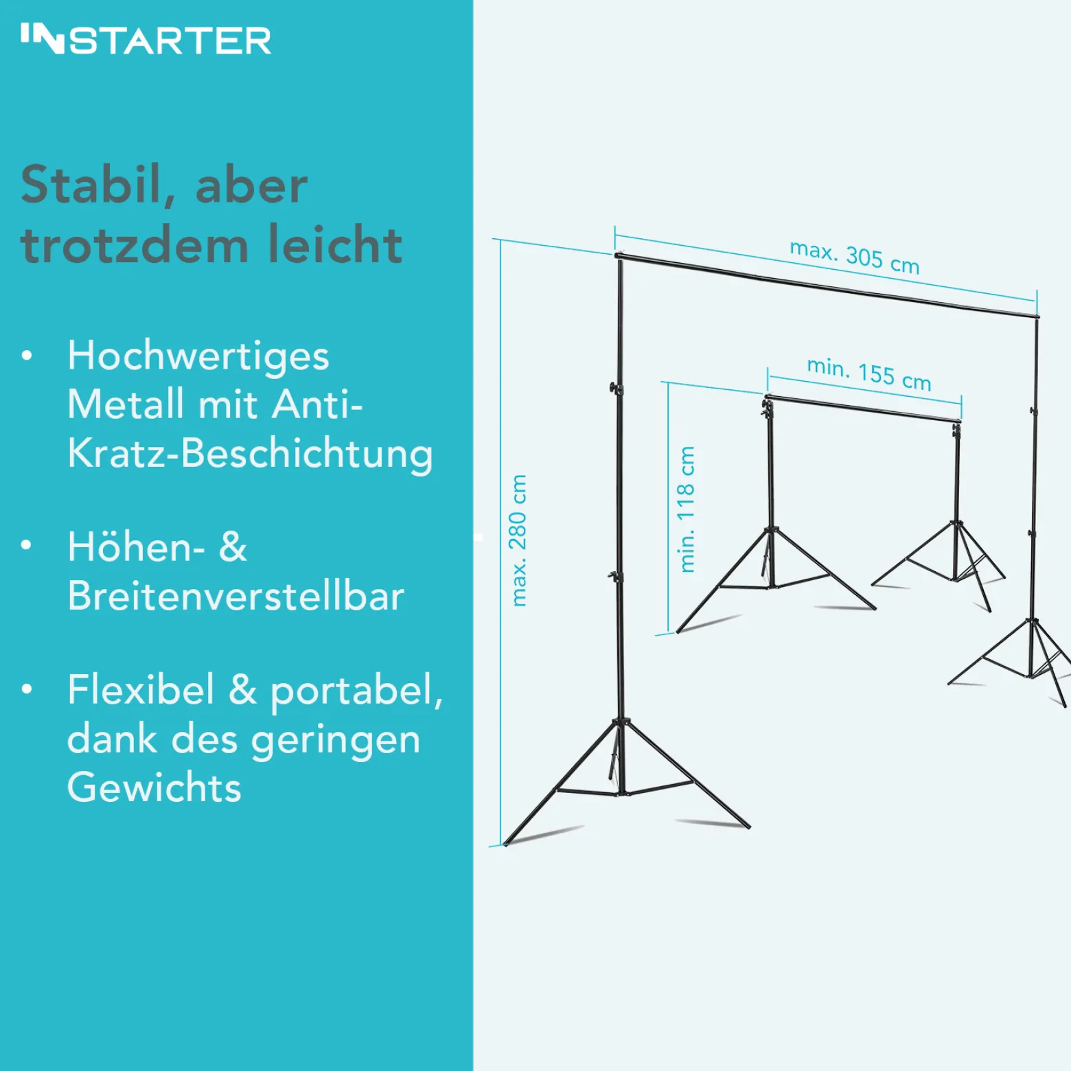 Instarter Hintergrundsystem 155-305 cm breit, Fotohintergrund in Grün, Schwarz und Weiß, Klemmen für Fotografie & Green Screen, Hintergrundständer für Hintergründe aus Papier & Stoff