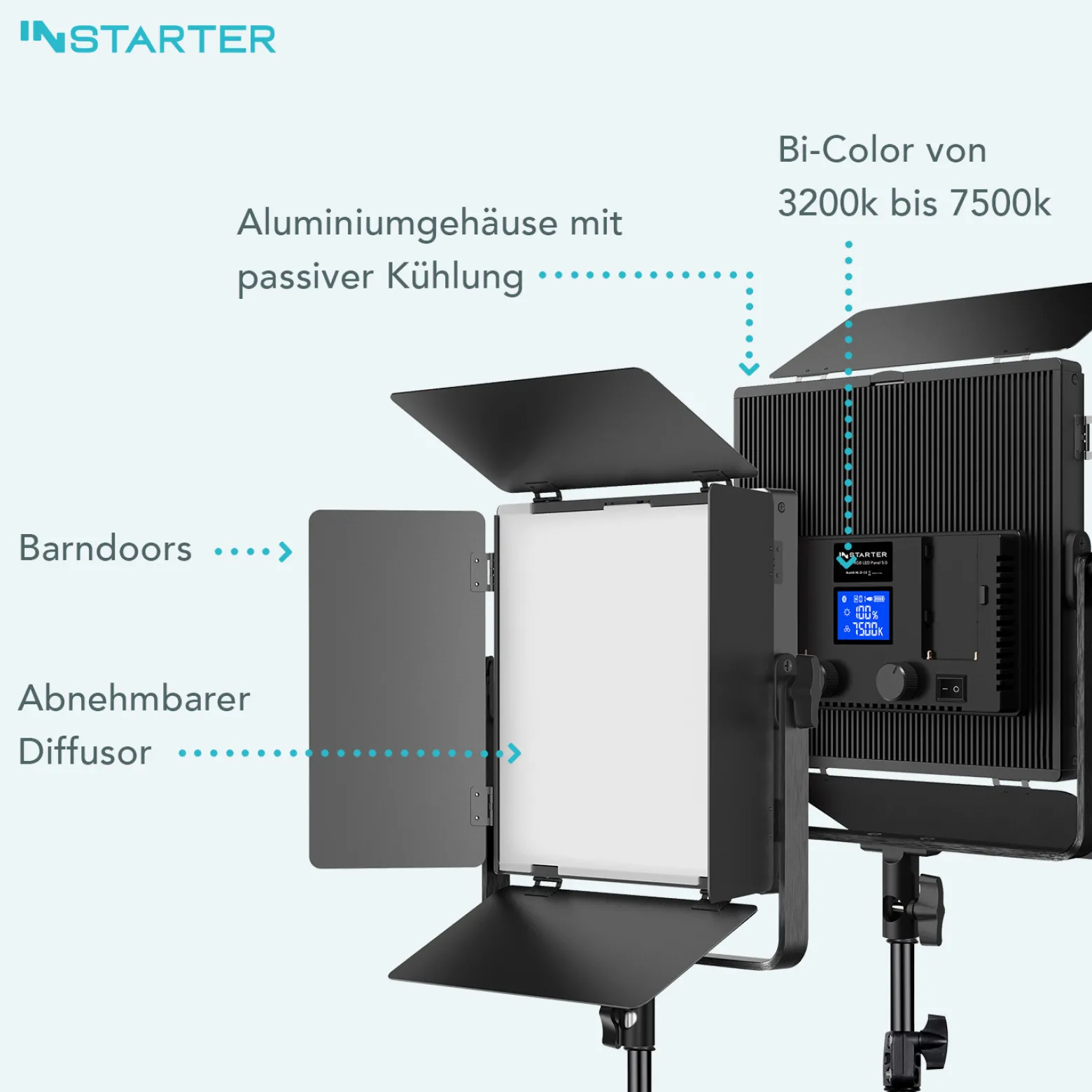 Instarter LED Videoleuchte mit Stativ, 50 W Videoleuchte mit App, Kamera Beleuchtung 360° drehbar, Videolicht für warmes & kaltes Licht Bi-Color