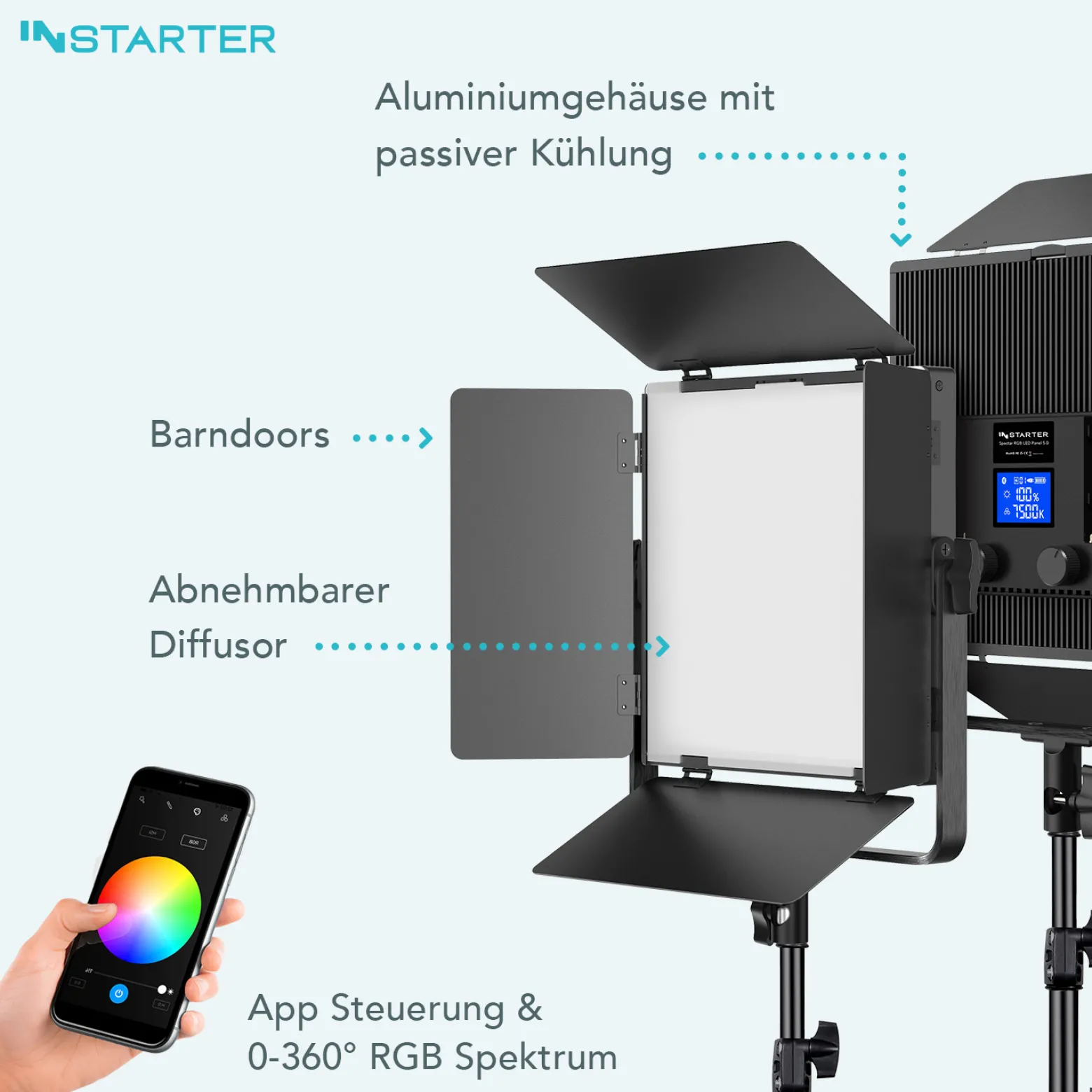 Instarter LED Videoleuchte 60 W mit Lampenstativ, Videolicht mit 360° RGB-Spektrum, Studioleuchte mit App-Steuerung, Video-Beleuchtung Bi-Color