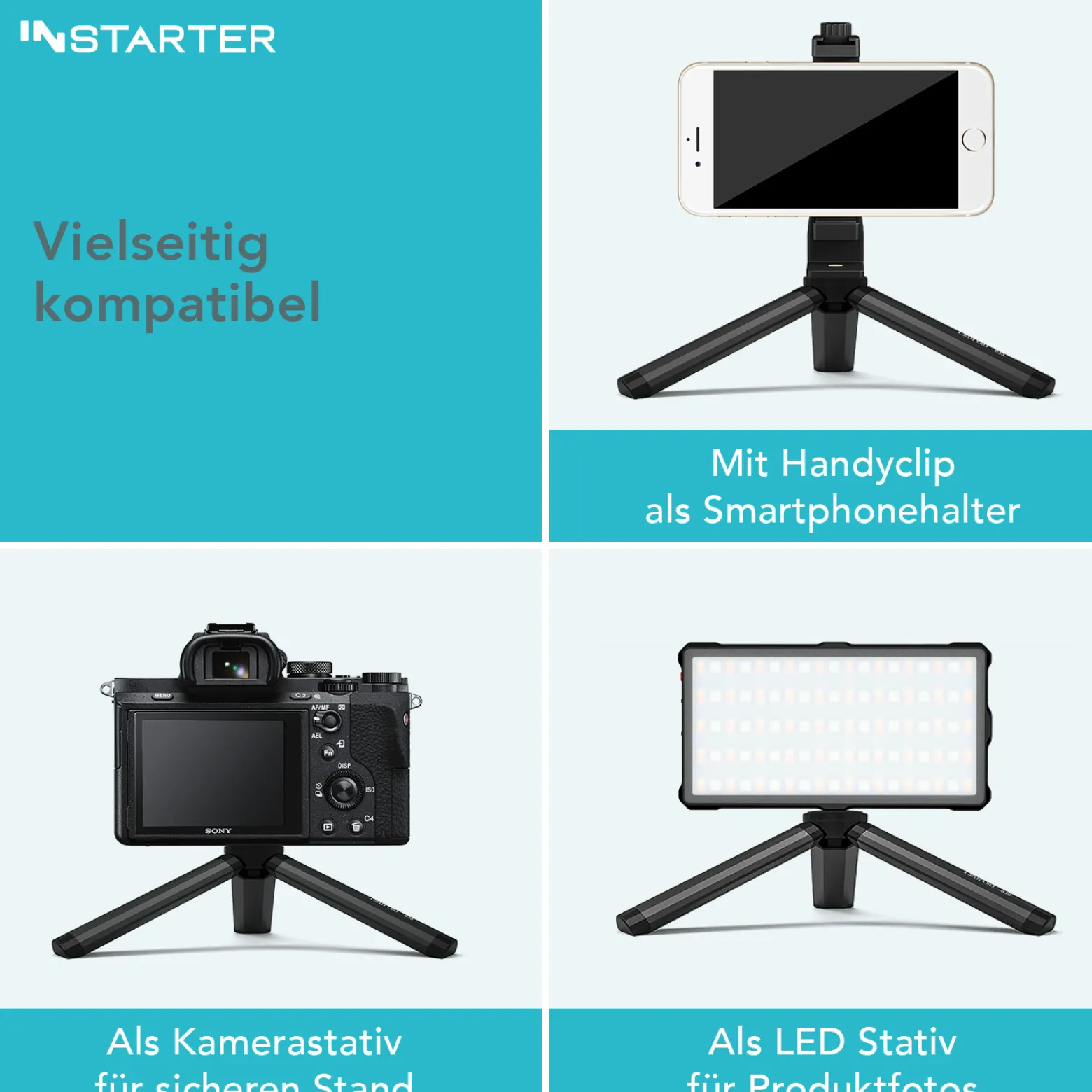 Instarter Tischstativ für Kameras, Smartphones & Leuchten, flexibles Mini Stativ belastbar bis 1,5 kg, Handystativ mit 1/4“ Schraube
