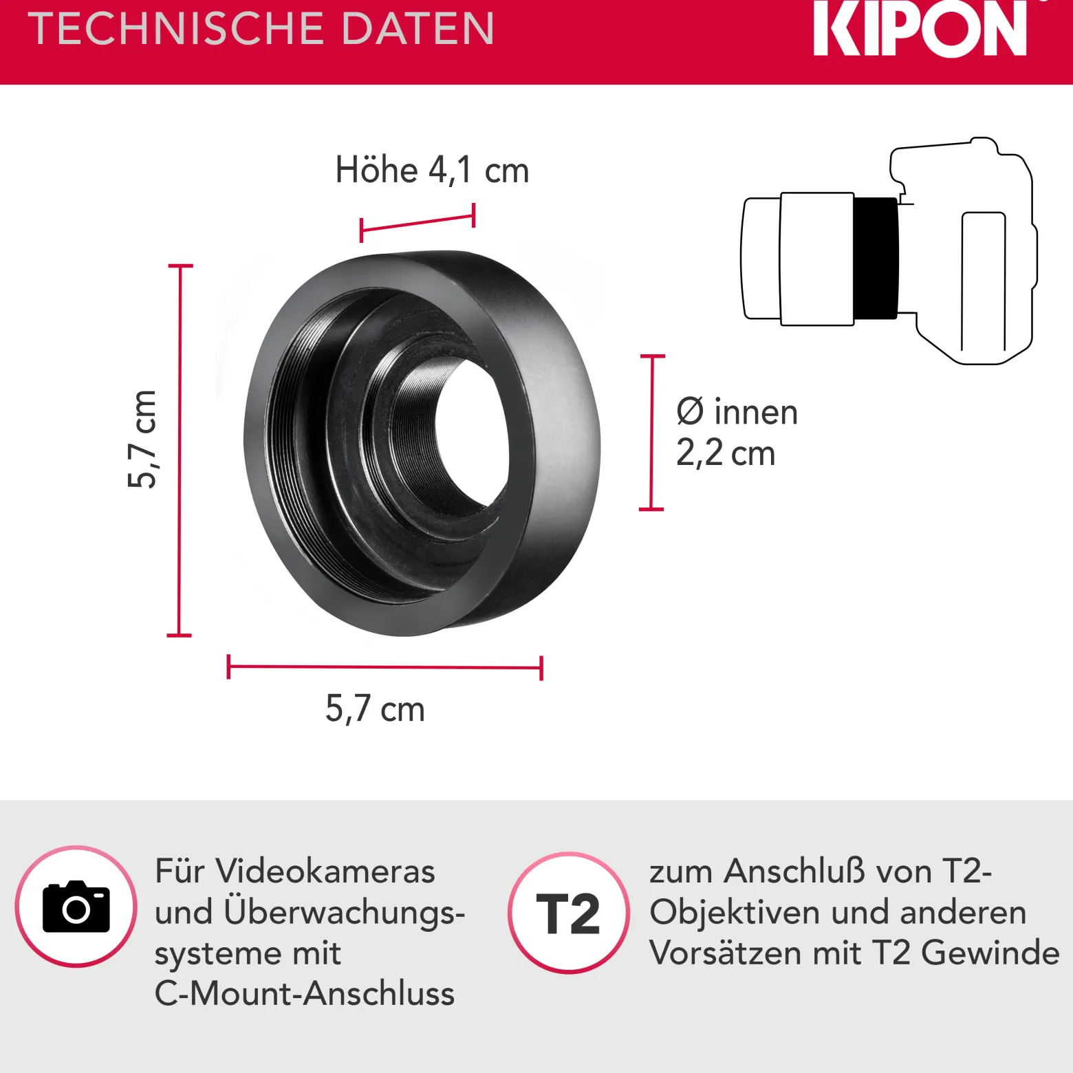 Kipon Objektiv Adapter für T2-Gewinde auf C-Mount-Anschluss, Objektivadapter für Foto und Überwachung, einfache Montage, praktisches Kamera Zubehör