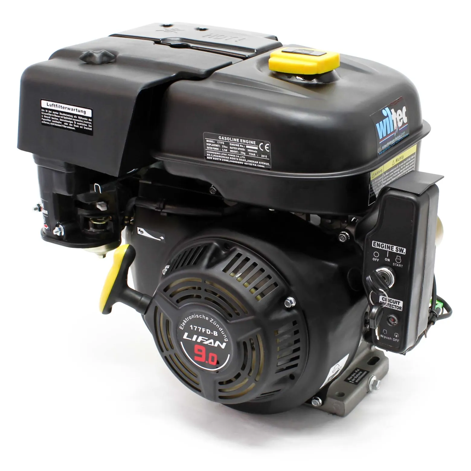 LIFAN 177 6,6 kW (9 PS) Einzylinder Benzinmotor mit Seilzug- und E-Start für Kleinmaschinen & Karts, luftgekühlter 4-Takt Motor mit 25,4 mm Kurbelwelle, OHV-Ventilsteuerung & 270 cc Hubraum