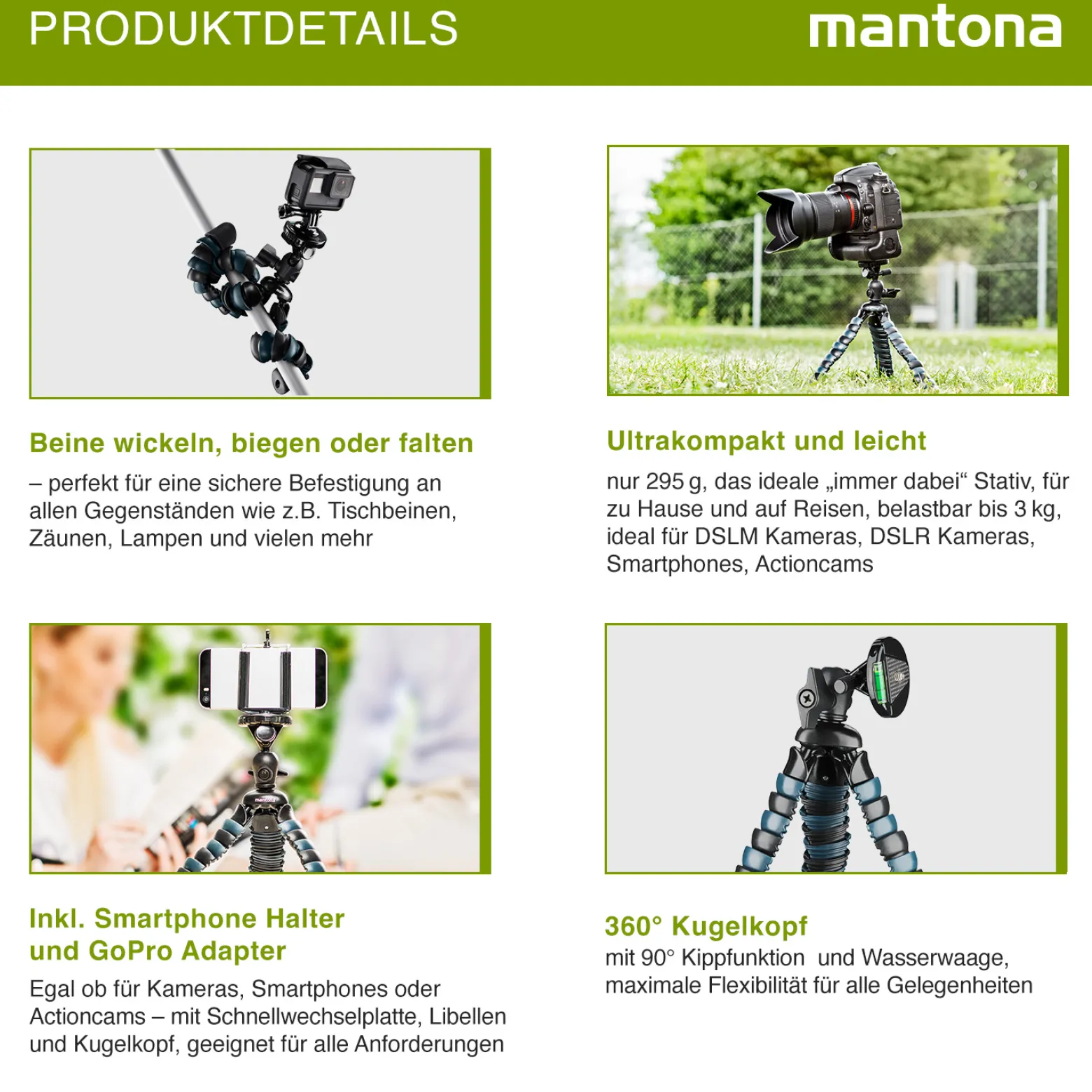 Mantona Armadillo 28 cm Mini Fotostativ, flexibles Pocket Stativ bis 3 kg Traglast, 360° Kugelkopf, kompatibel mit GoPro Hero, Insta360, DSLR-Kameras & Smartphones