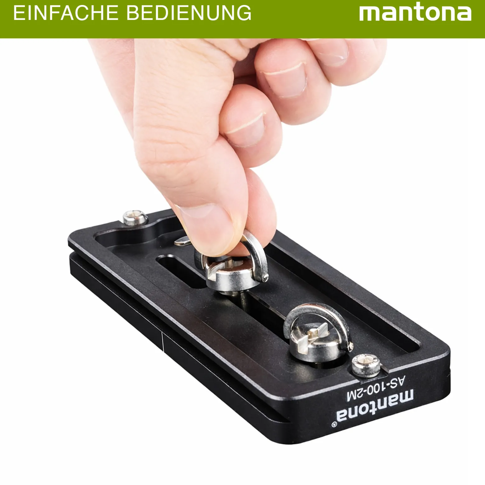 Mantona AS-100-2M Schnellwechselplatte Arca-Swiss kompatibel 100 x 38 mm Aluminium mit 1/4" und 3/8" Schrauben, Gummipuffern und Mittenmarkierung