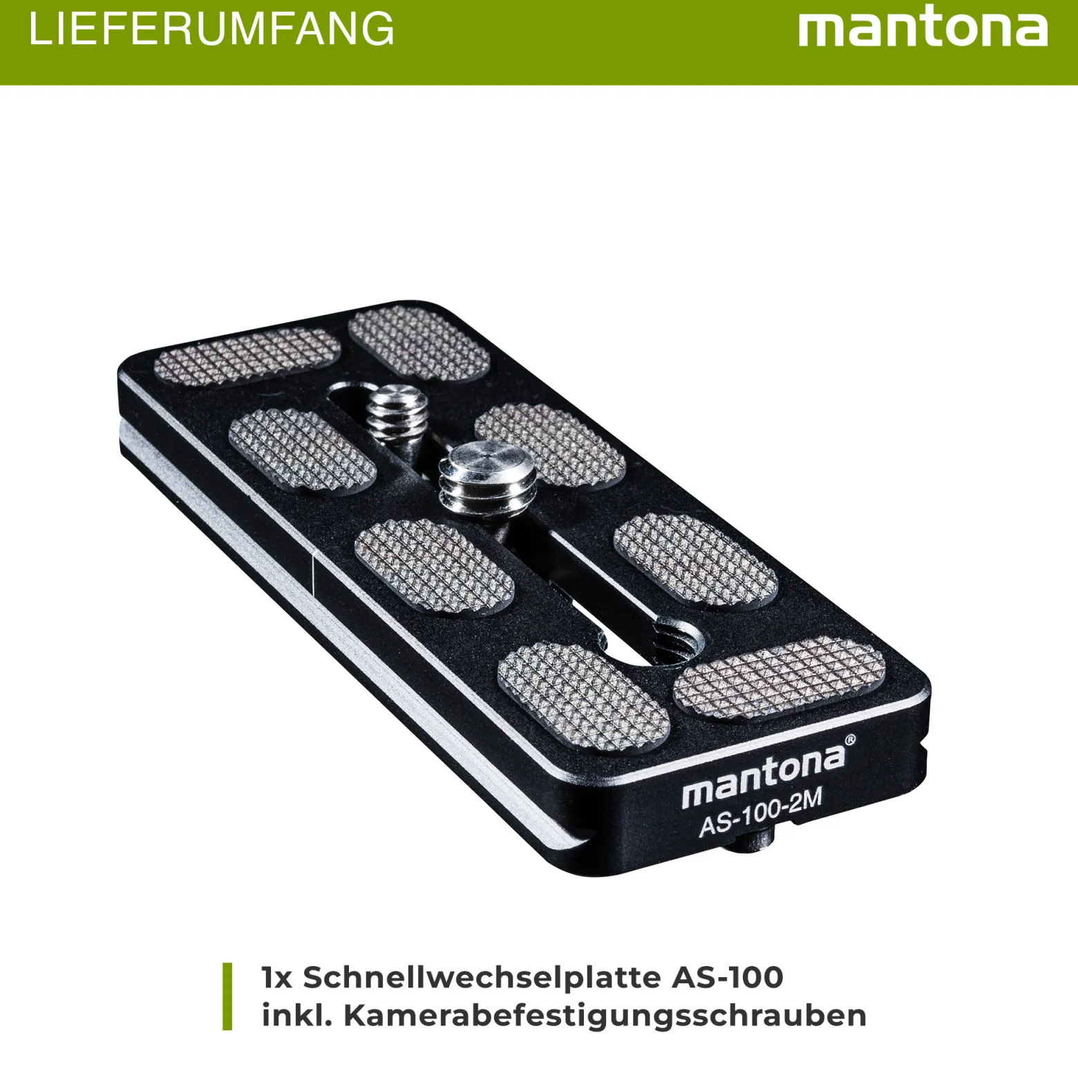 Mantona AS-100-2M Schnellwechselplatte Arca-Swiss kompatibel 100 x 38 mm Aluminium mit 1/4" und 3/8" Schrauben, Gummipuffern und Mittenmarkierung