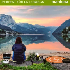 Mantona Drohnen-Landeplatz faltbar Ø 75 cm wetterfest mit Metallheringen kompakt auf 29 cm faltbar mit Transporttasche und beidseitiger H-Markierung