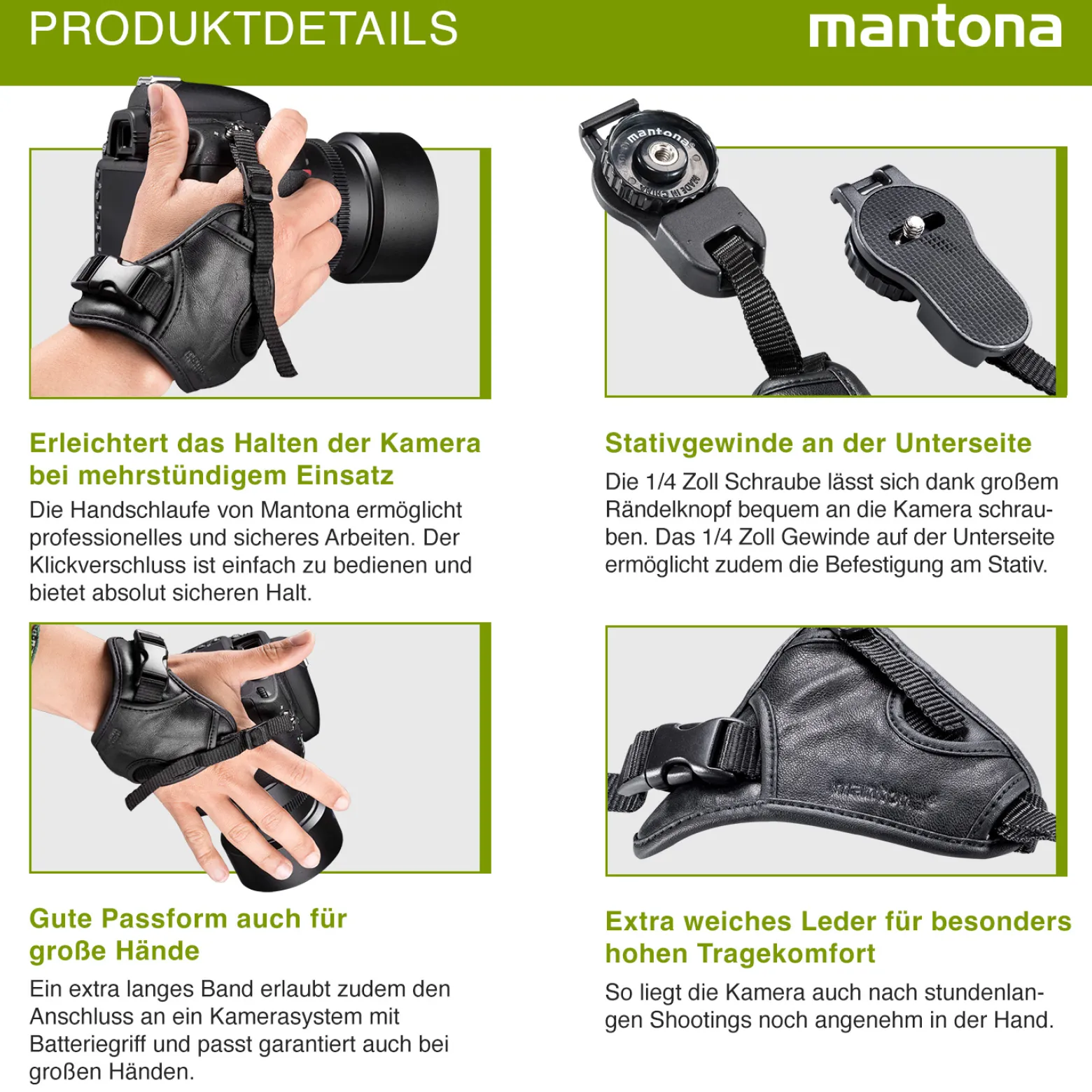 Mantona First Class Leder-Handschlaufe - 100 x 25 x 39 mm - aus weichem Leder - Handgriff mit Klickverschluss und 1/4" Gewinde - Schwarz