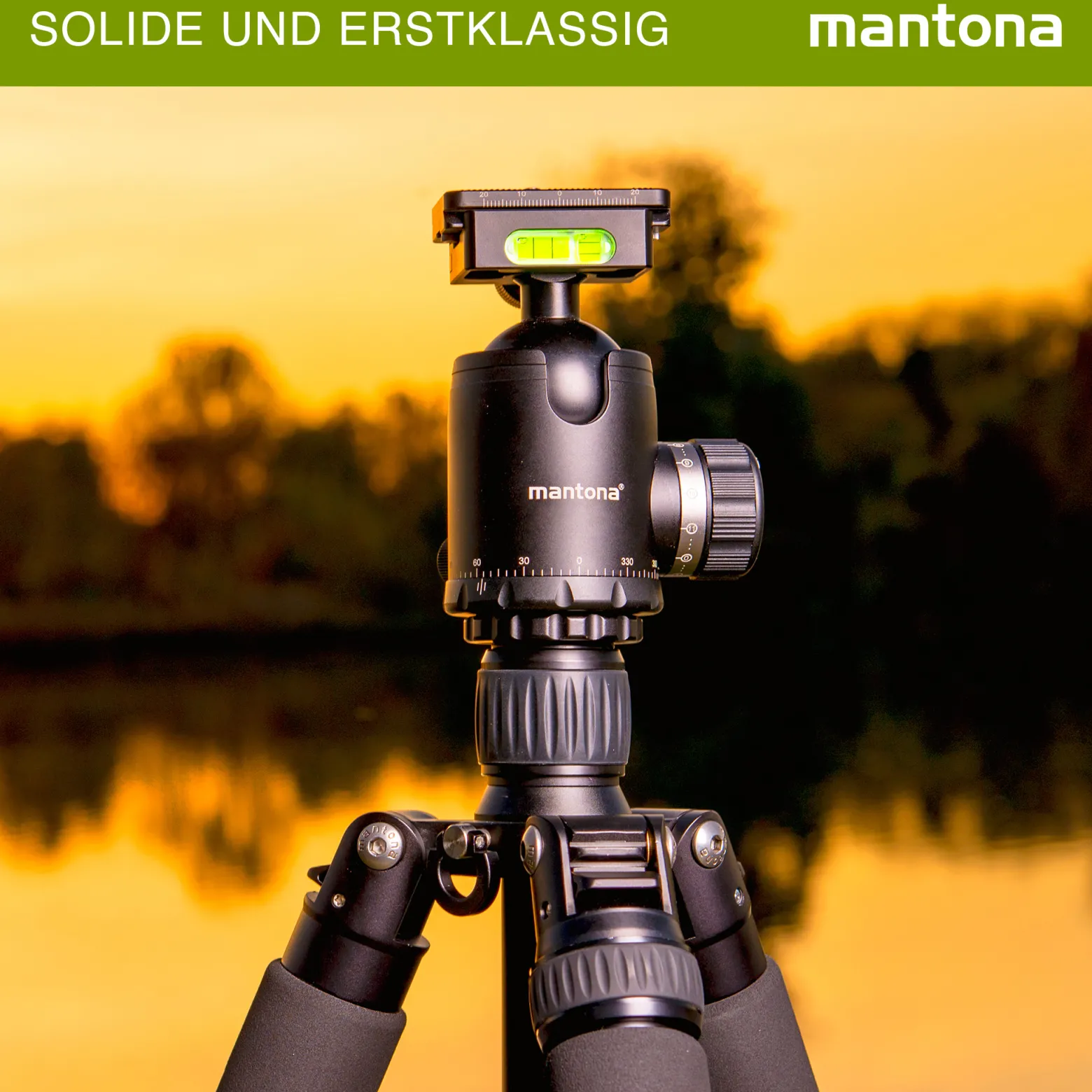Mantona Fortress Kugelkopf 40 mm bis 15 kg, Stativkopf mit 360° Panorama-Funktion & 3 Wasserwaagen, inkl. Schnellwechselplatte und Friktionswegkontrolle