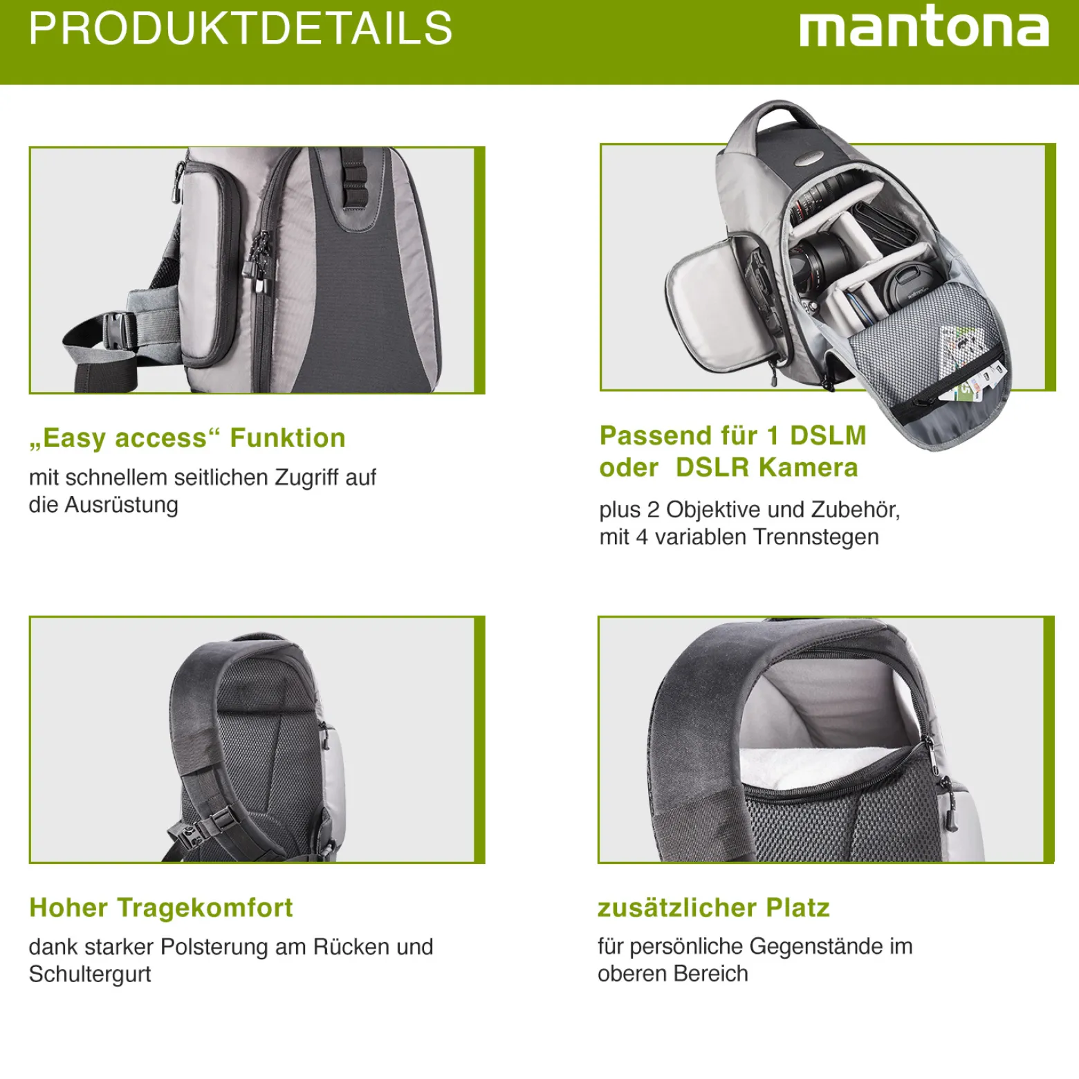 Mantona Fotorucksack Miami, leichter Kamerarucksack für DSLR & Systemkameras, Fototasche mit flexibler Innenaufteilung, gepolsterter Foto Wanderrucksack mit Schnellzugriff