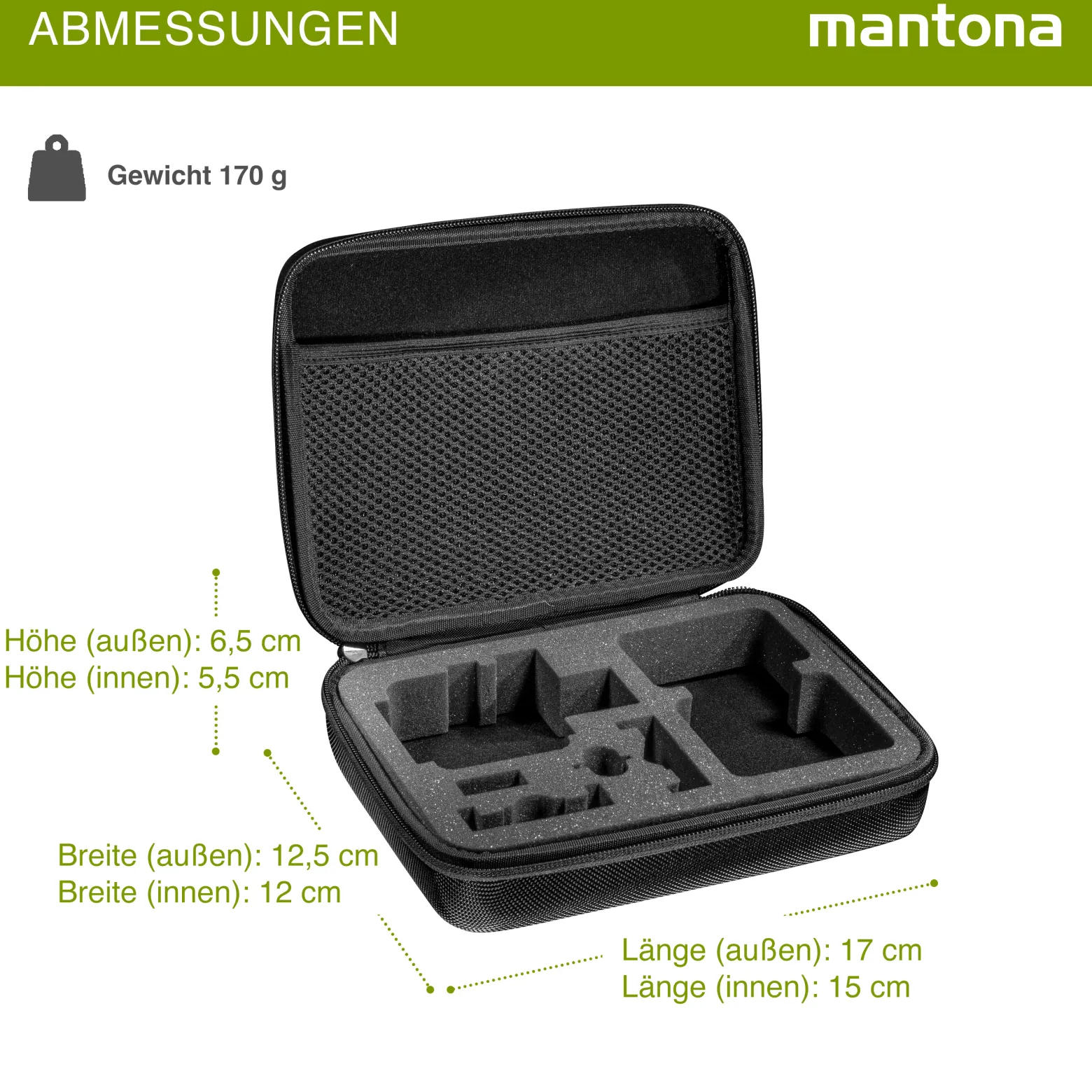 Mantona Hardcase Tasche kompatibel mit GoPro Action Cam 11 10 9 8 7 – robustes Schutzhülle mit Schaumstoff-Inlay, vorgestanzten Fächern & Deckelfach, Größe S