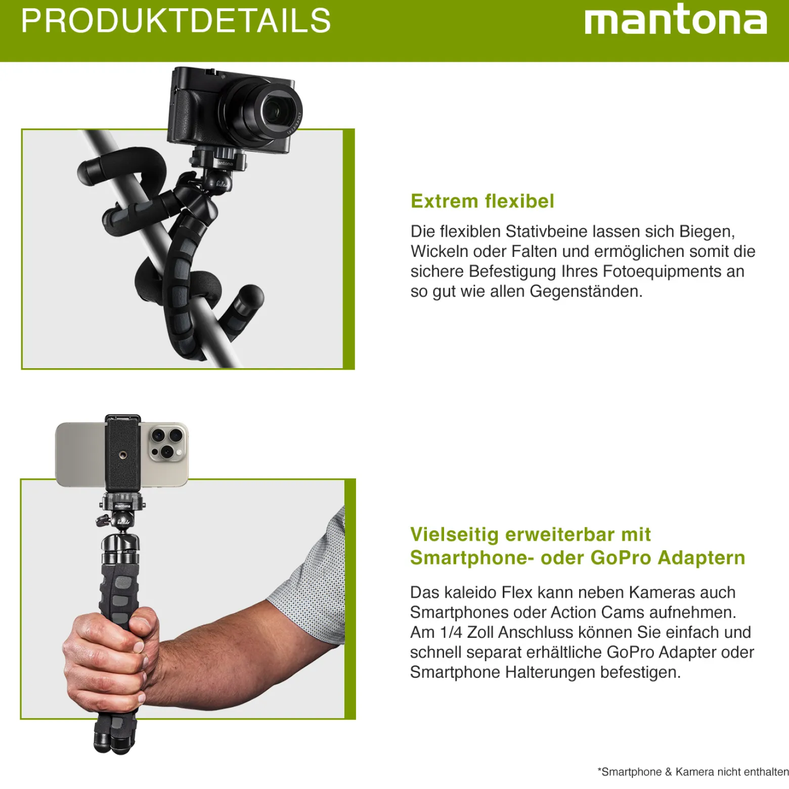 Mantona Kaleido Flex Stativ deep grey - 270 x 43 x 43 mm - flexibel biegbar - mit Kugelkopf und Schnellwechselplatte - Reisestativ Travelstativ passend für Kameras, Smartphones, Action Cams