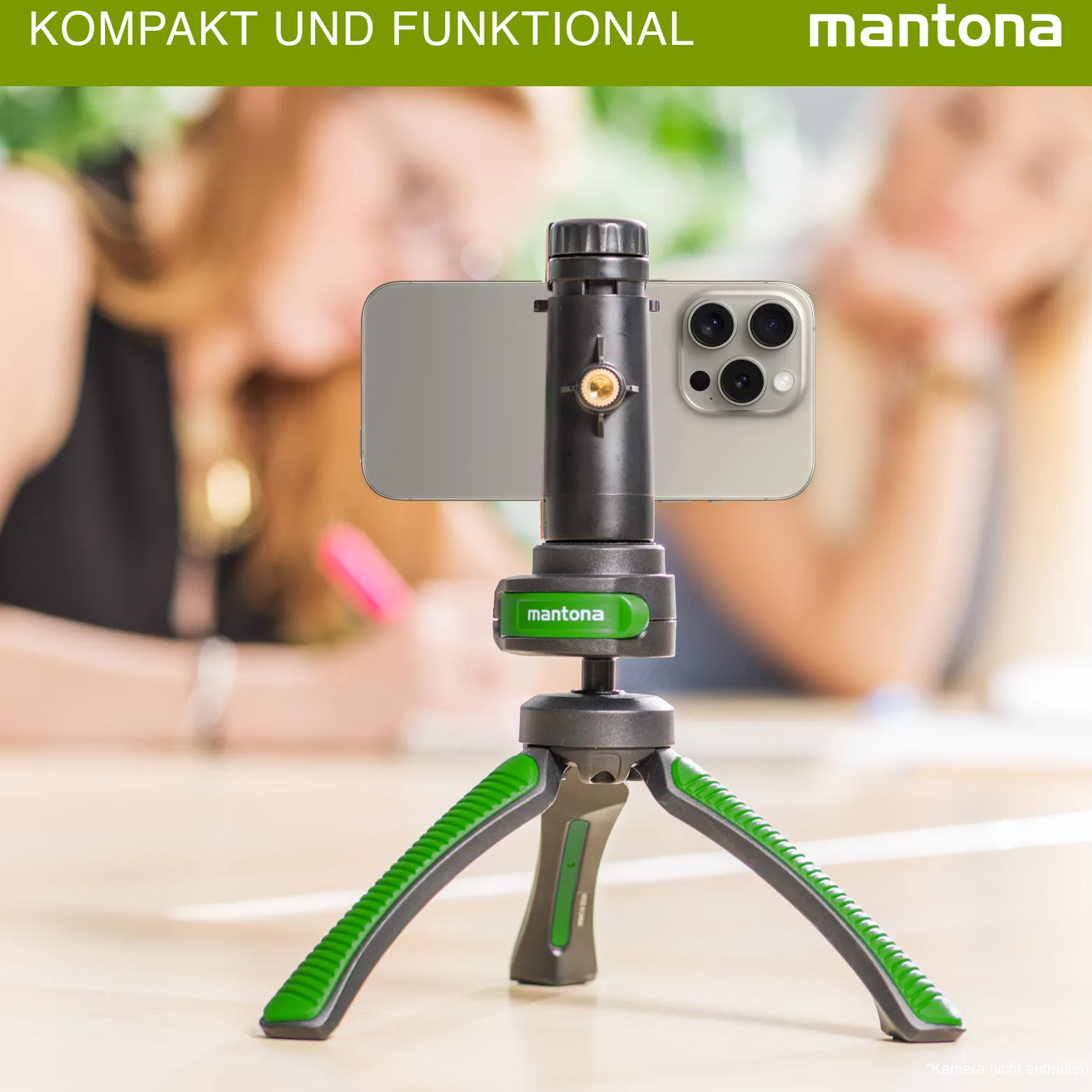 Mantona Kaleido Gaia Stativ lime green - 170 x 54 x 54 mm / Traglast max. 2,5 kg - kompaktes 3-Bein-Stativ, 360° Kugelkopf, 1/4" Anschluss, Wasserwaage, Schlaufe - Fotografie Studio