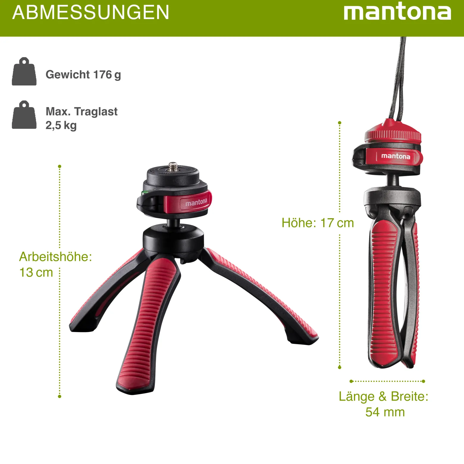 Mantona Kaleido Gaia Stativ sundown red - 170 x 54 x 54 mm / Traglast max. 2,5 kg - kompaktes 3-Bein-Stativ, 360° Kugelkopf, 1/4" Anschluss, Wasserwaage, Schlaufe - Fotografie Studio